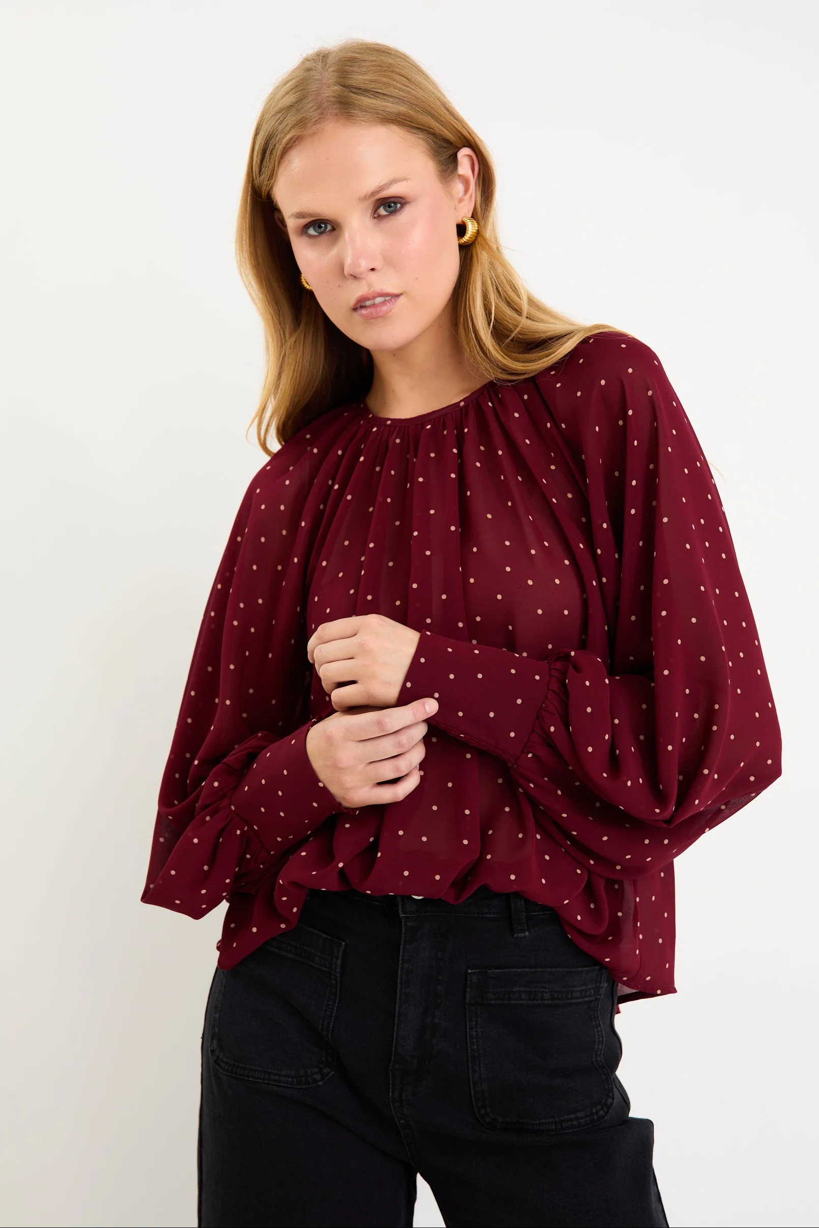 Cosmopolitan Burgundy Polka Dot Crew Neck Floaty LS Top - Image 4