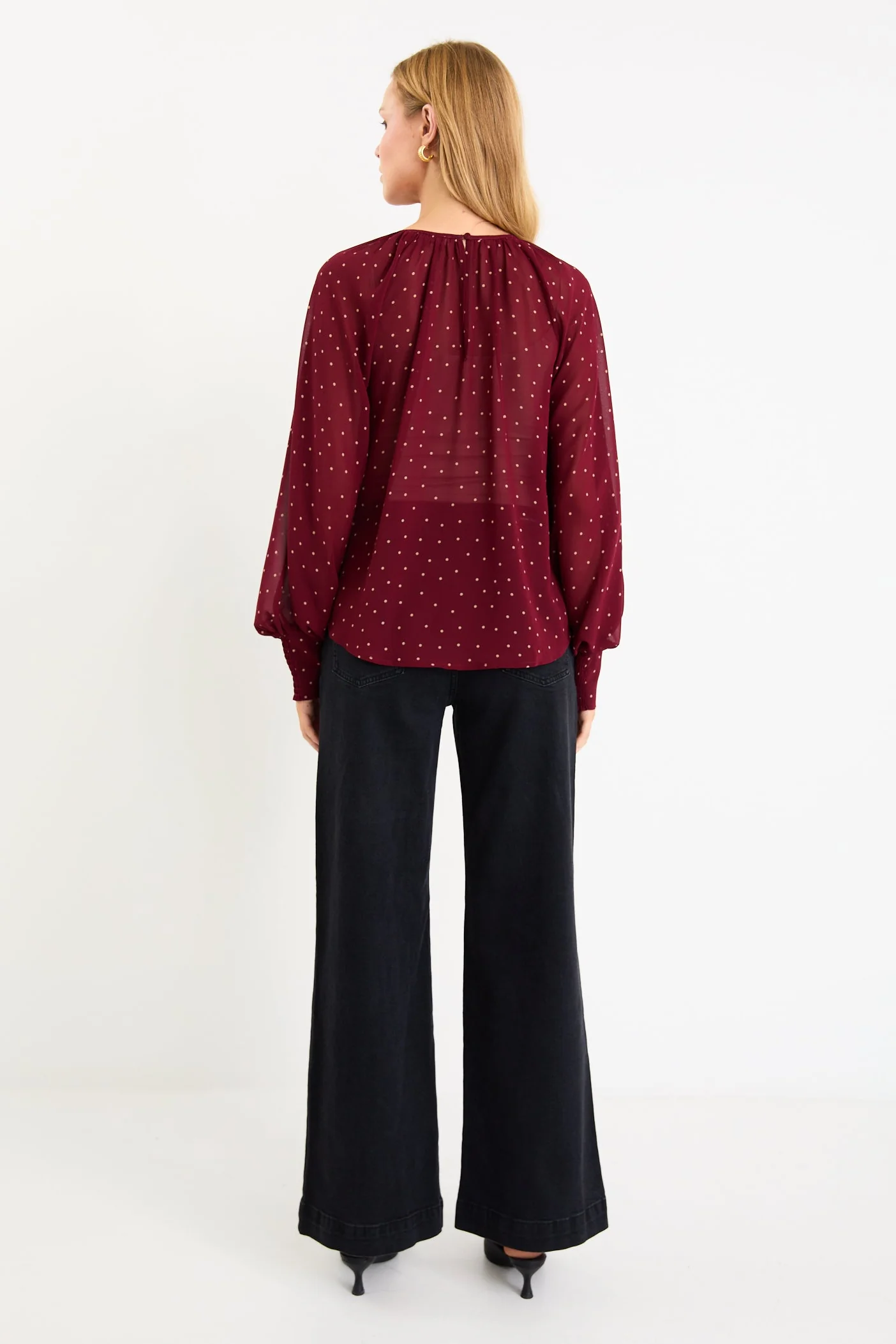 Cosmopolitan Burgundy Polka Dot Crew Neck Floaty LS Top - Image 5