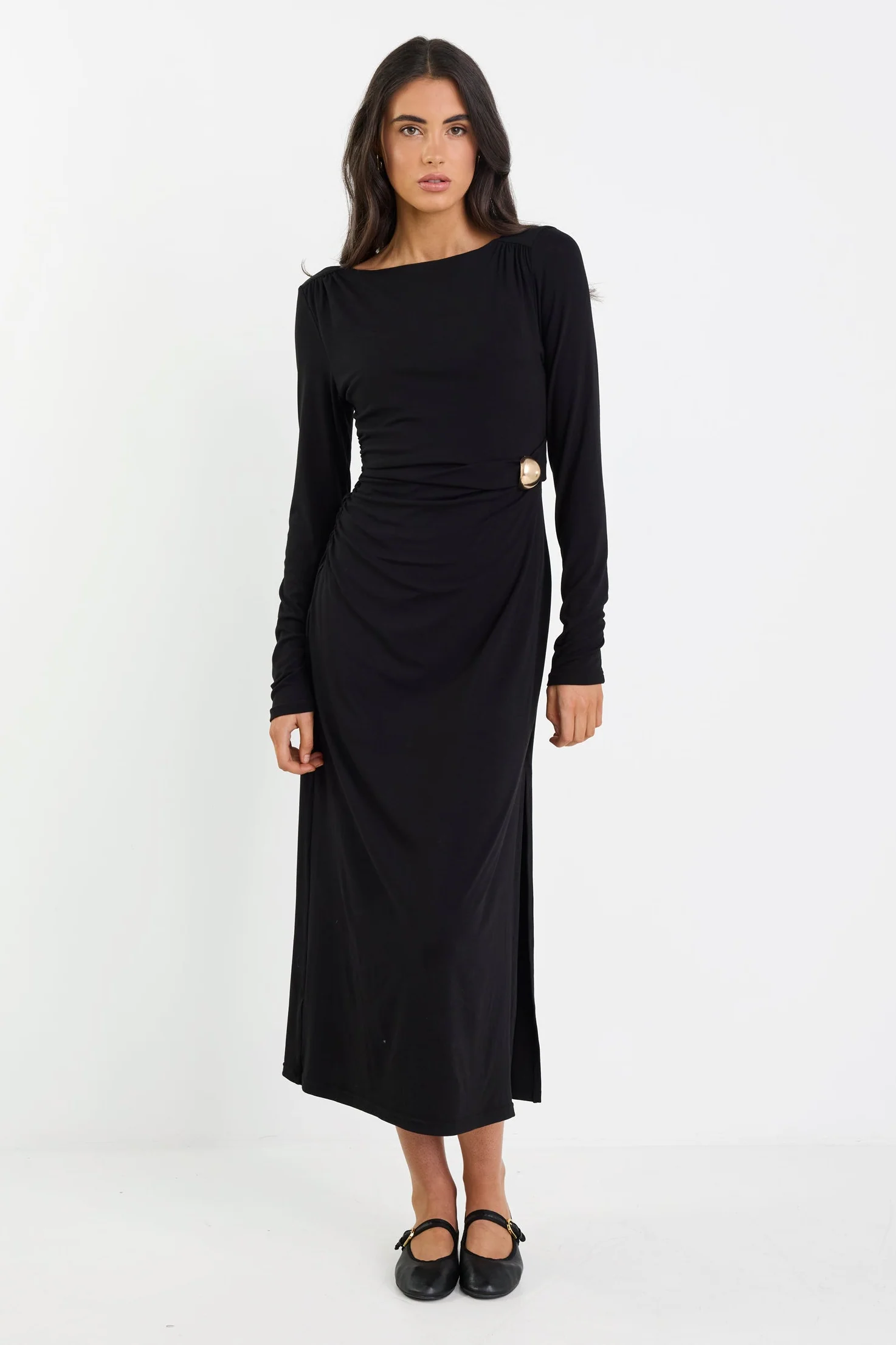 Course Black Waist Buckle Knit Long Sleeve Midi Dress - Image 2