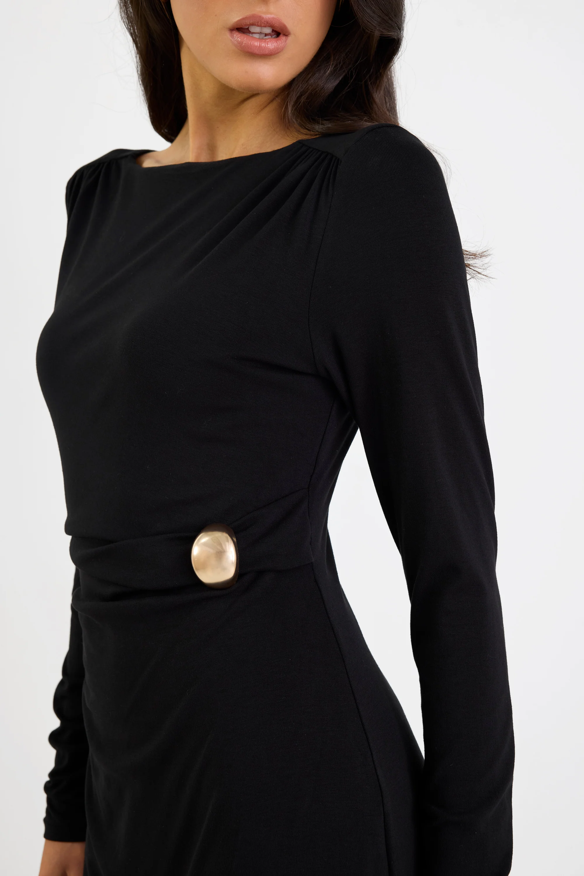 Course Black Waist Buckle Knit Long Sleeve Midi Dress - Image 4
