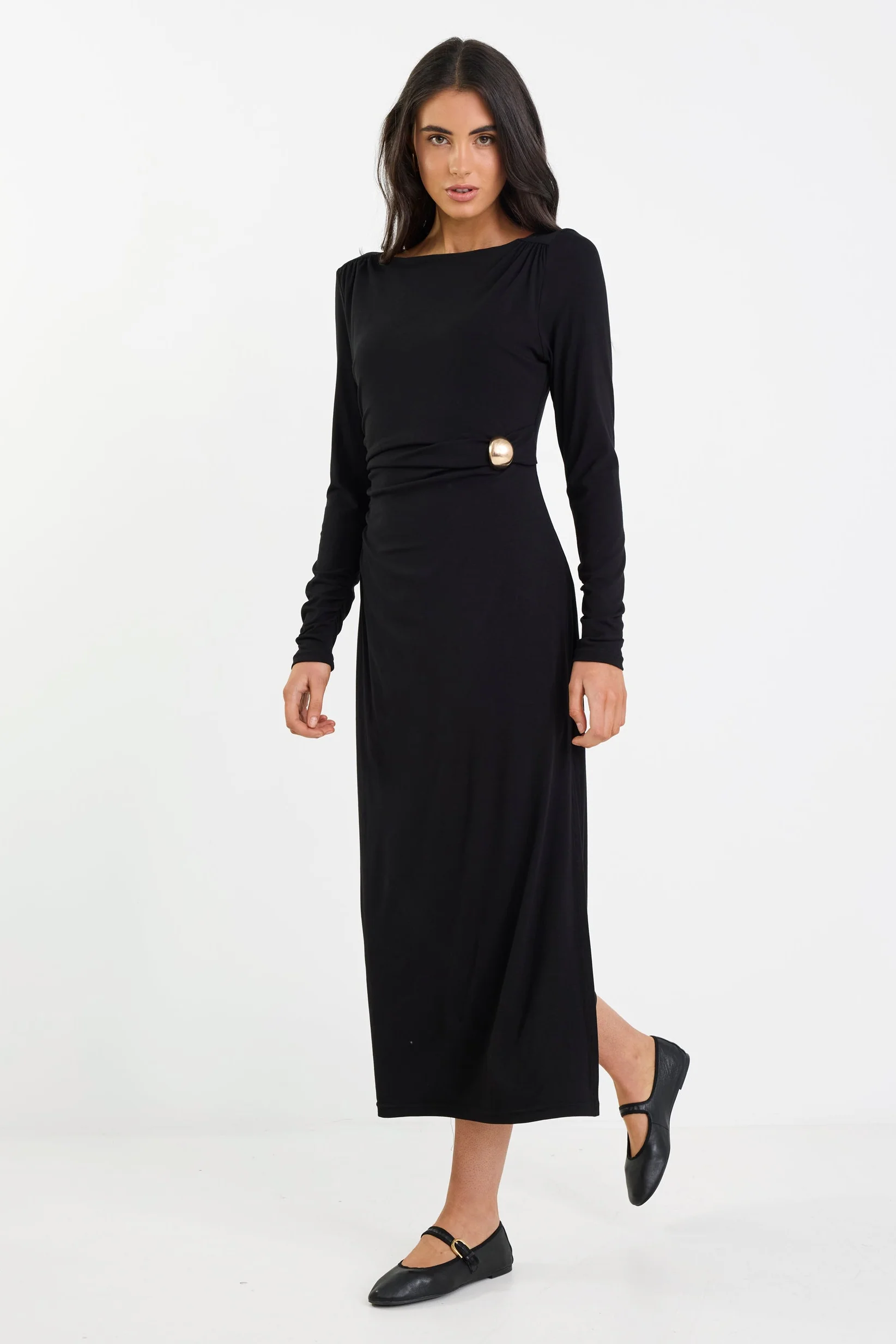 Course Black Waist Buckle Knit Long Sleeve Midi Dress - Image 5