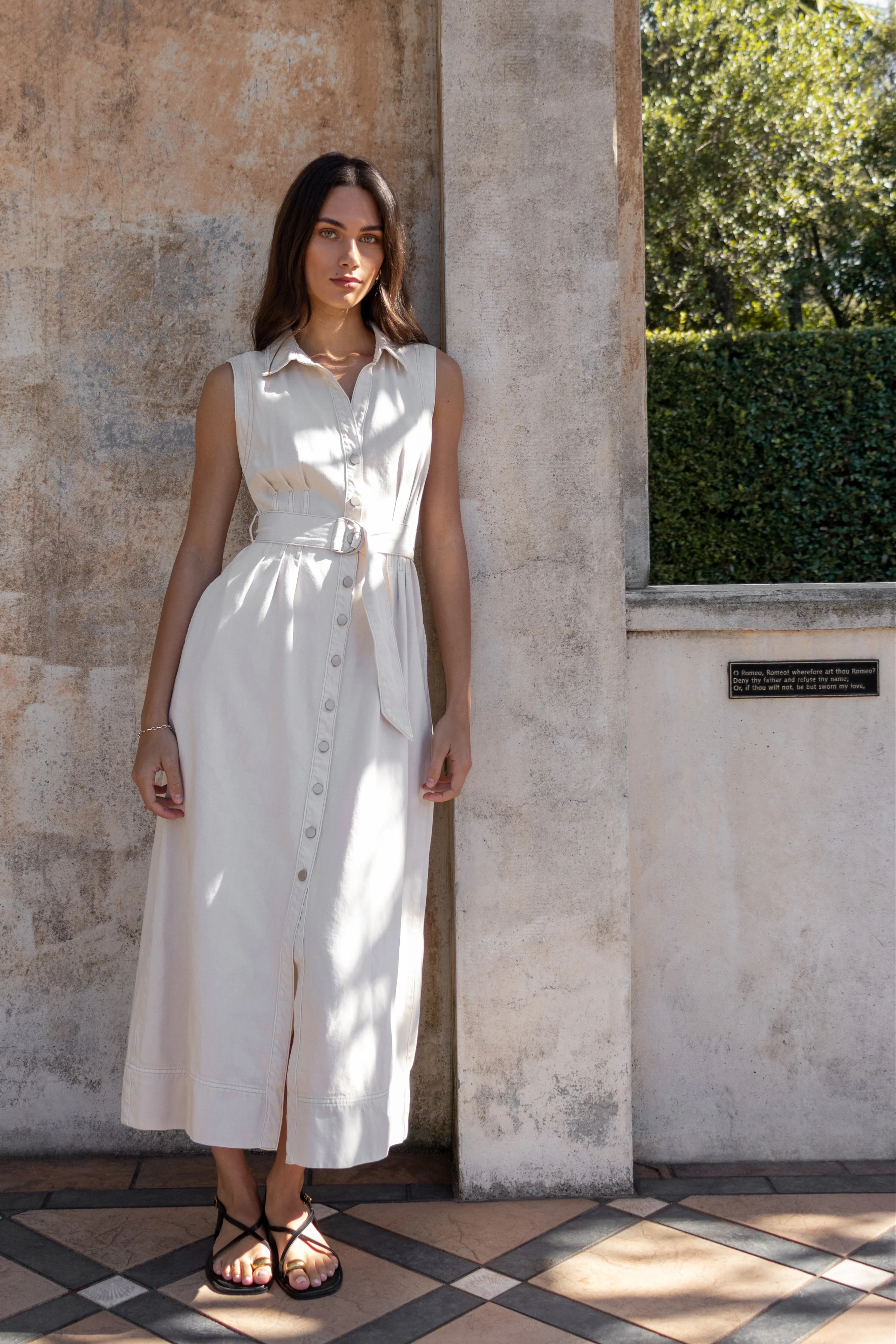 Crescent Ecru Denim Sleeveless Midi Shirt Dress