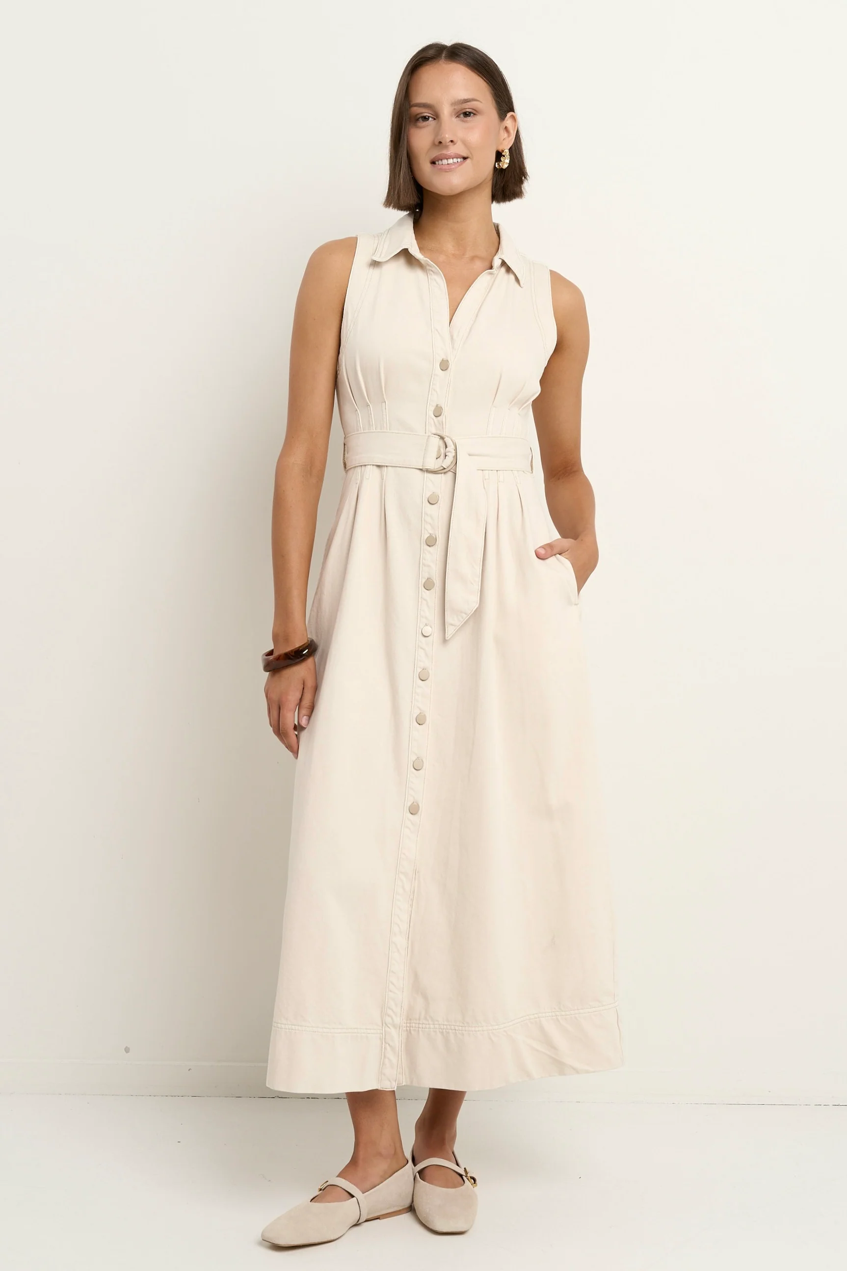 Crescent Ecru Denim Sleeveless Midi Shirt Dress - Image 2