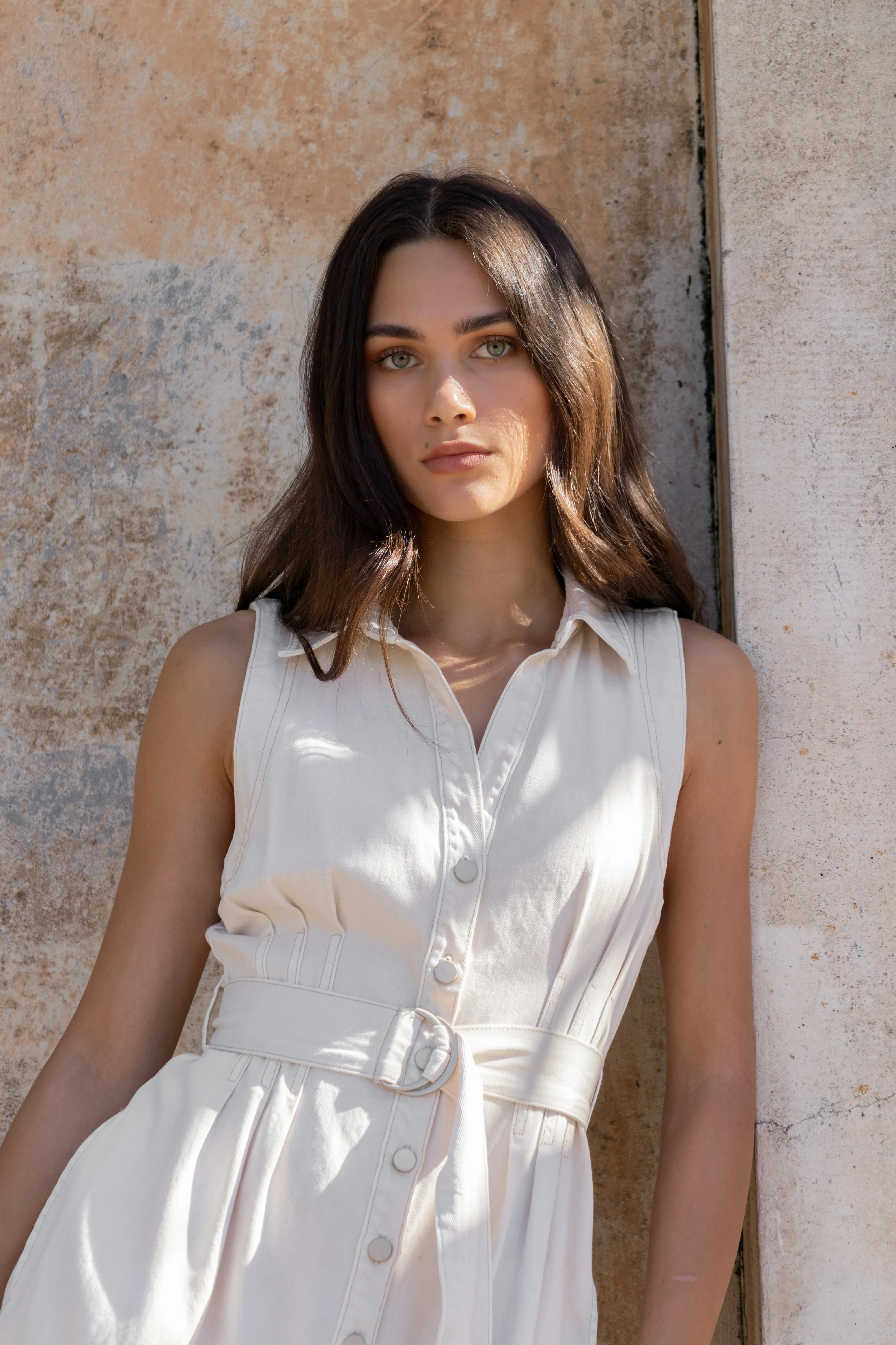 Crescent Ecru Denim Sleeveless Midi Shirt Dress - Image 7
