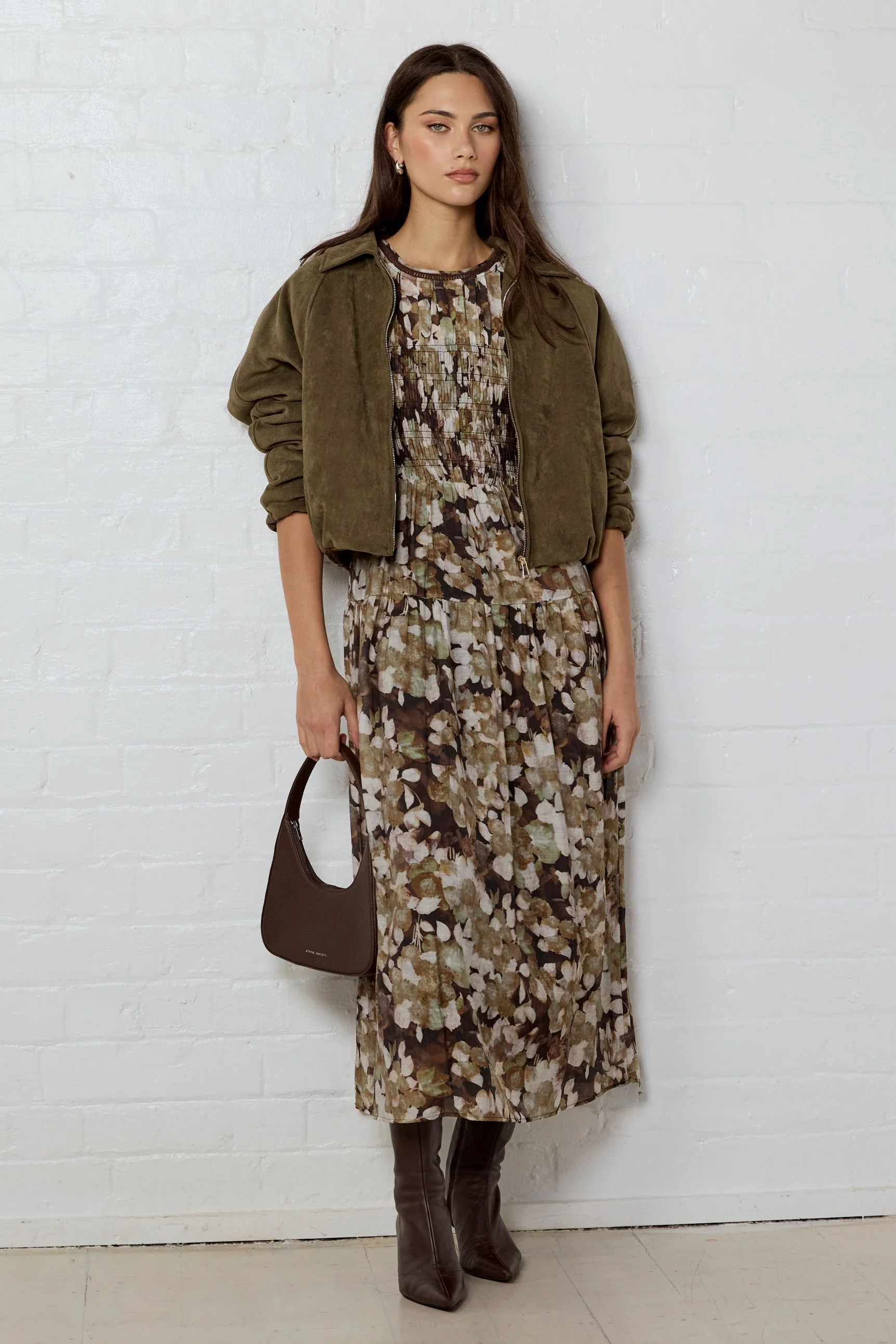 Curation Brown Beige Floral Georgette Puff Sleeve Tiered Maxi Dress - Image 2