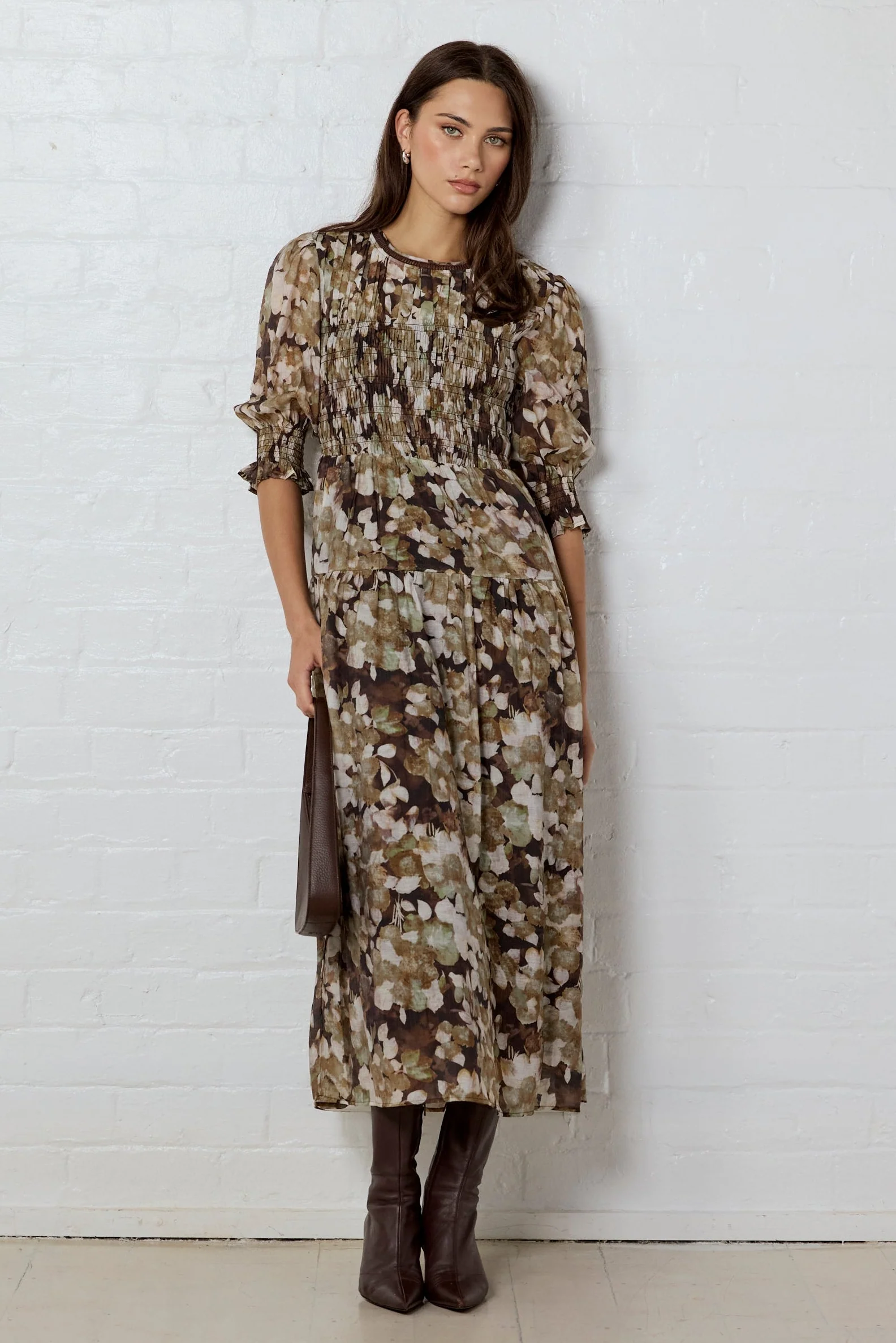 Curation Brown Beige Floral Georgette Puff Sleeve Tiered Maxi Dress - Image 3
