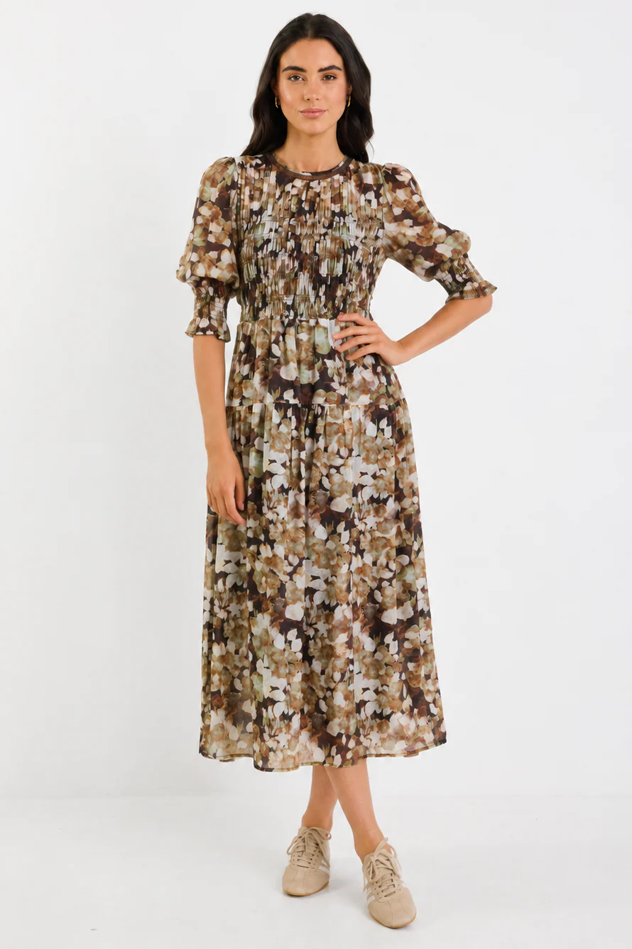 Curation Brown Beige Floral Georgette Puff Sleeve Tiered Maxi Dress - Image 4