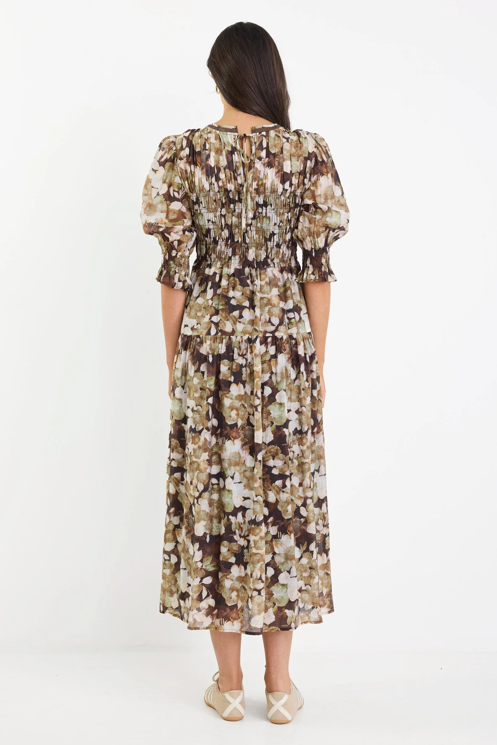 Curation Brown Beige Floral Georgette Puff Sleeve Tiered Maxi Dress - Image 7