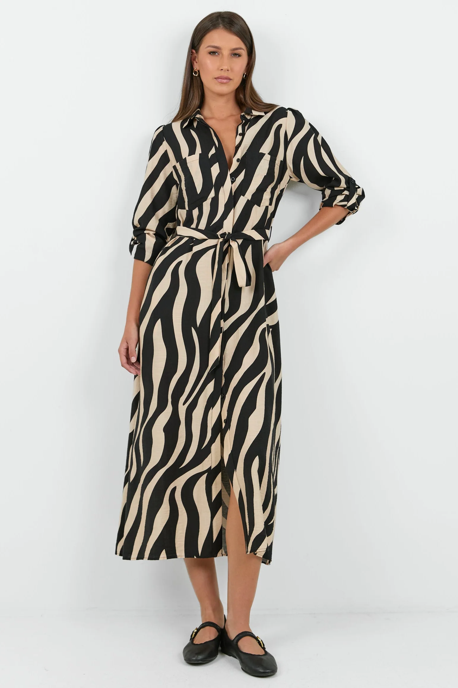 Cyprus Black and Cream Safari LS Shirt Midi Dress