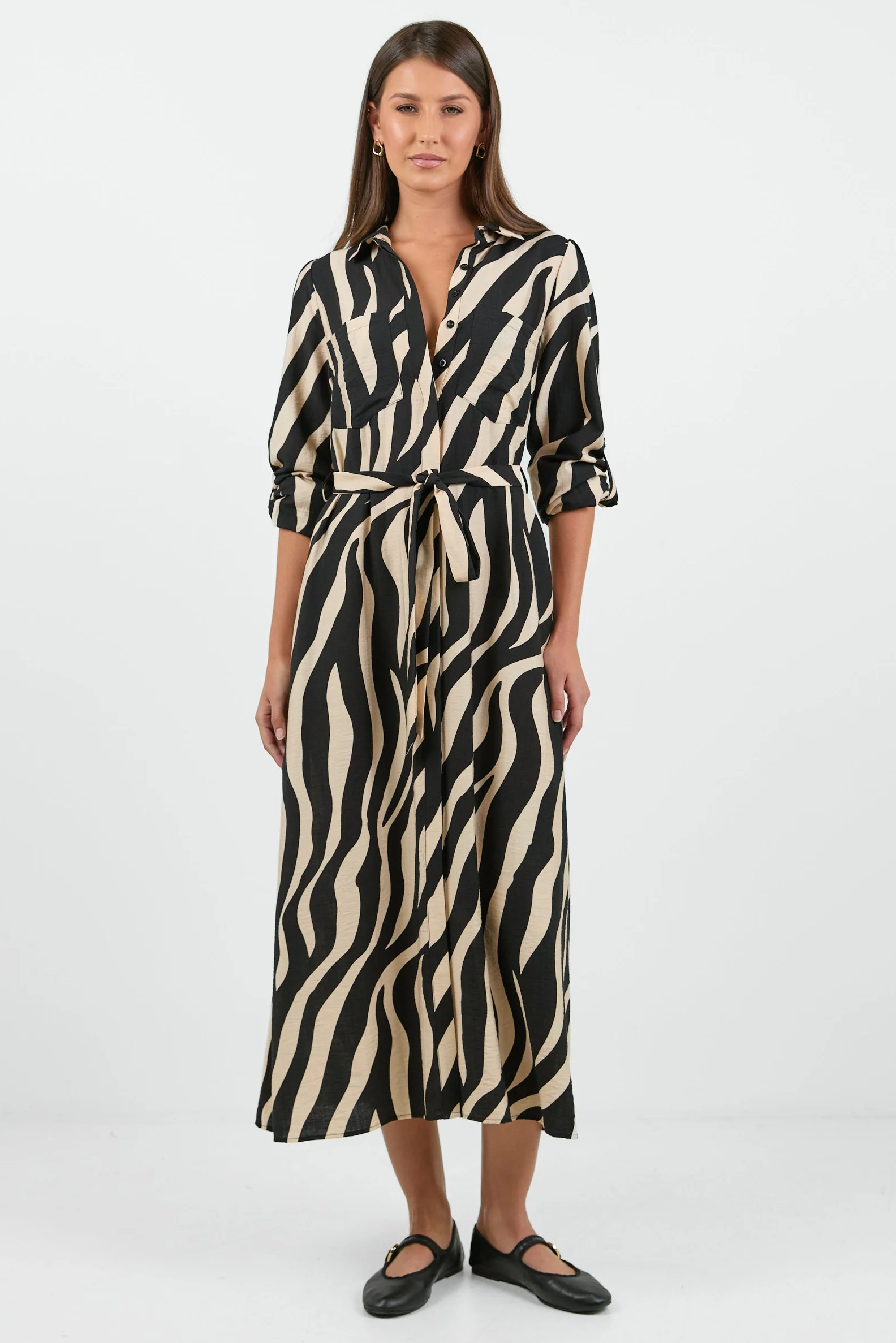 Cyprus Black and Cream Safari LS Shirt Midi Dress - Image 2