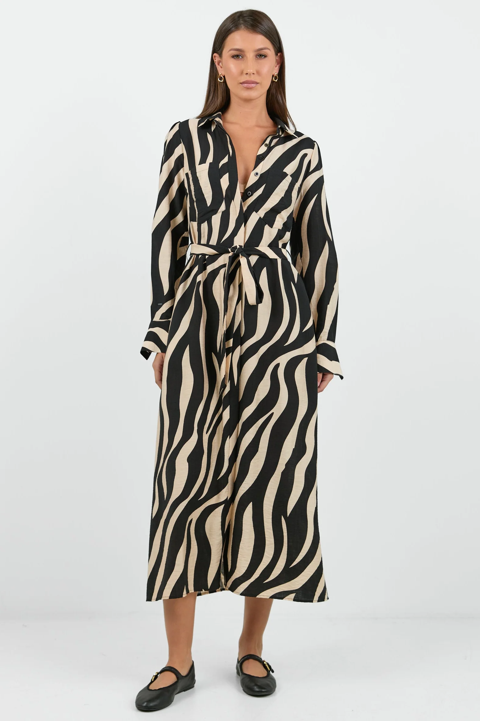Cyprus Black and Cream Safari LS Shirt Midi Dress - Image 3
