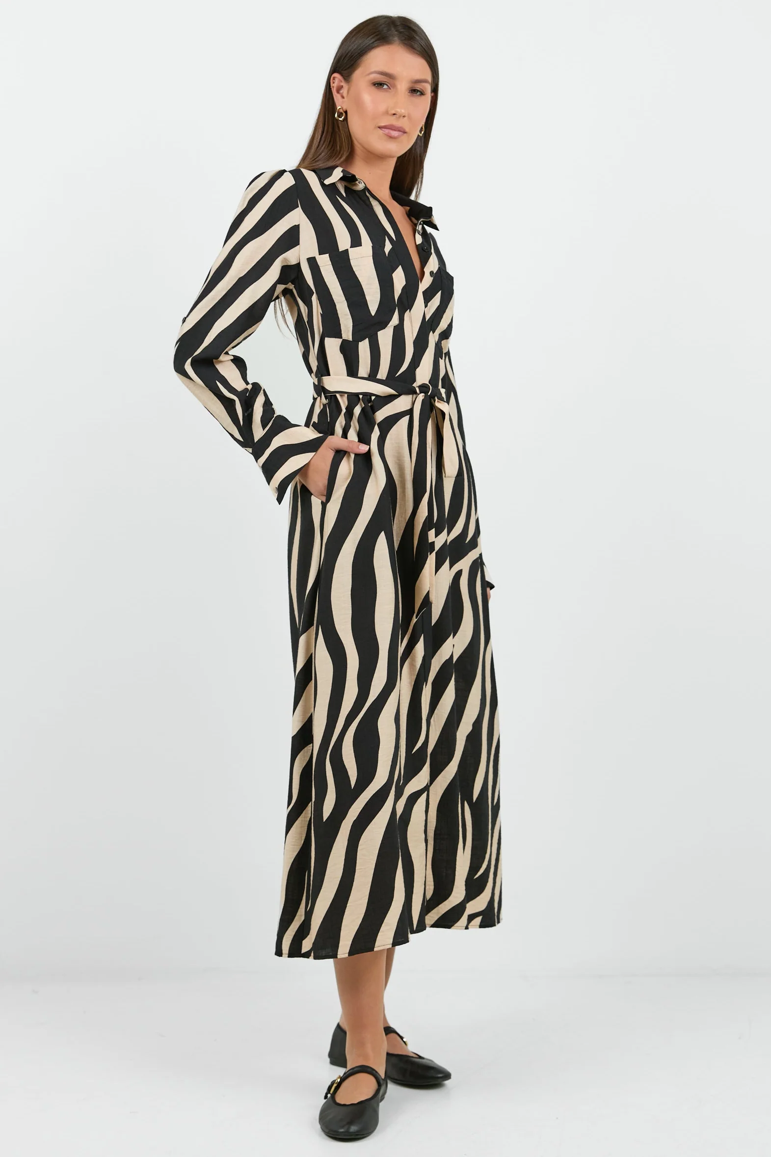Cyprus Black and Cream Safari LS Shirt Midi Dress - Image 4
