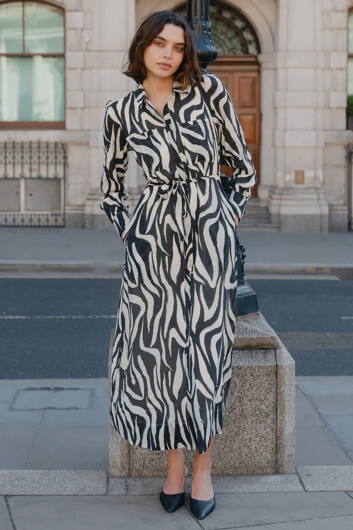 Cyprus Black Zebra LS Shirt Midi Dress