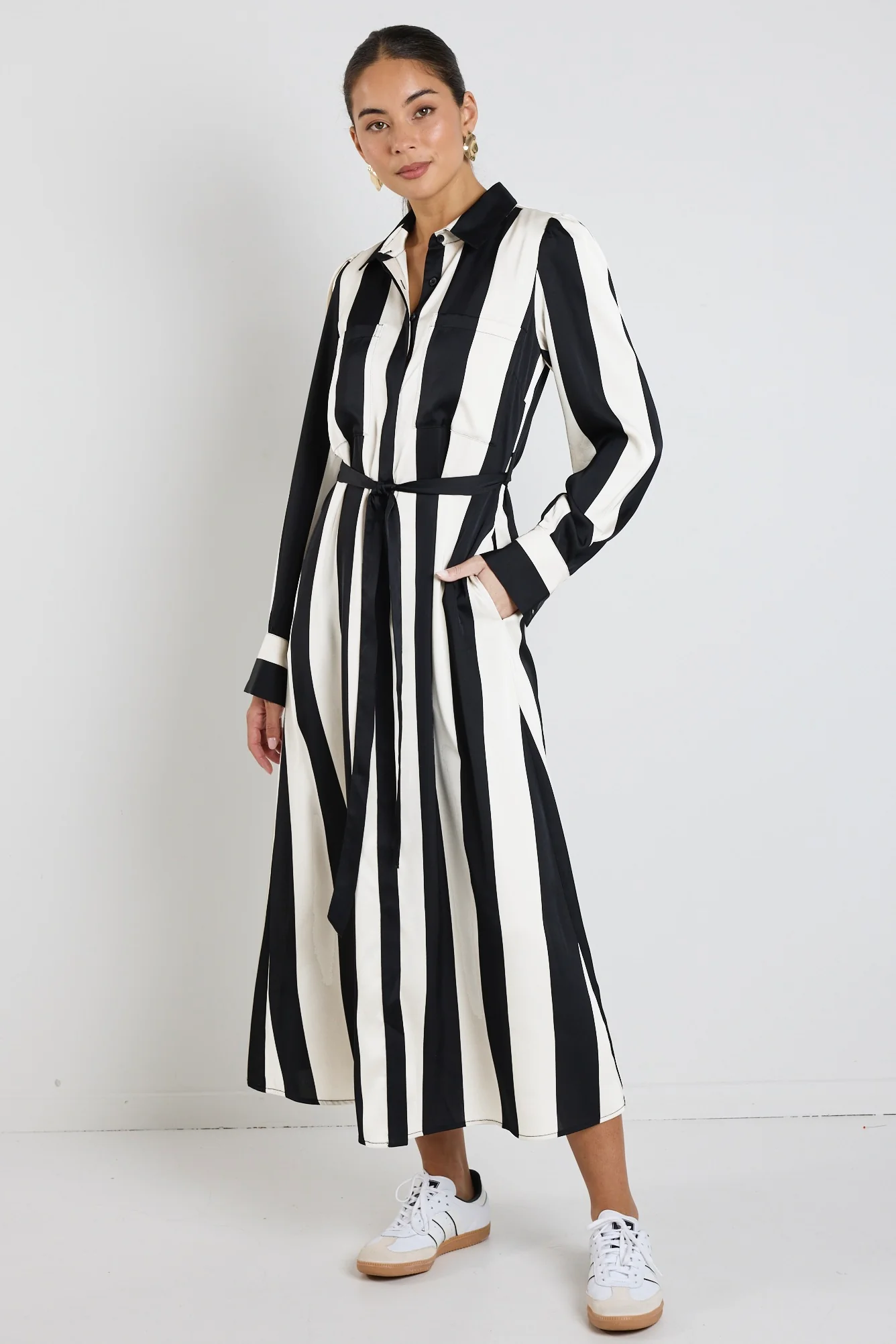 Cyprus Black White Stripe Satin LS Shirt Midi Dress - Image 3