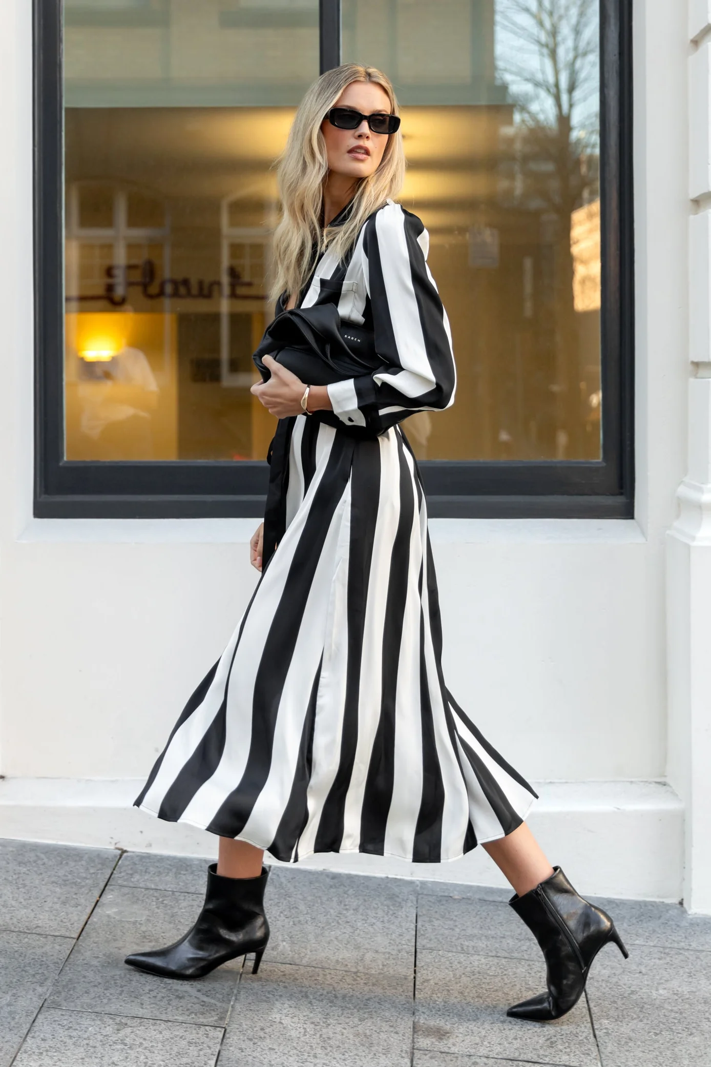 Cyprus Black White Stripe Satin LS Shirt Midi Dress - Image 4