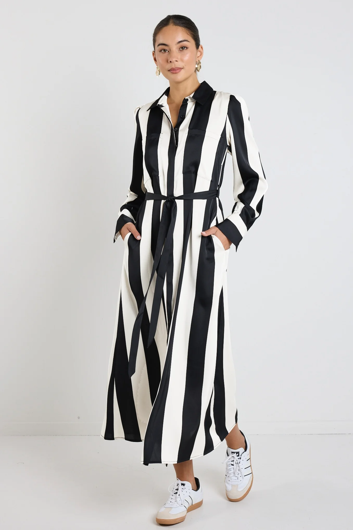 Cyprus Black White Stripe Satin LS Shirt Midi Dress - Image 6