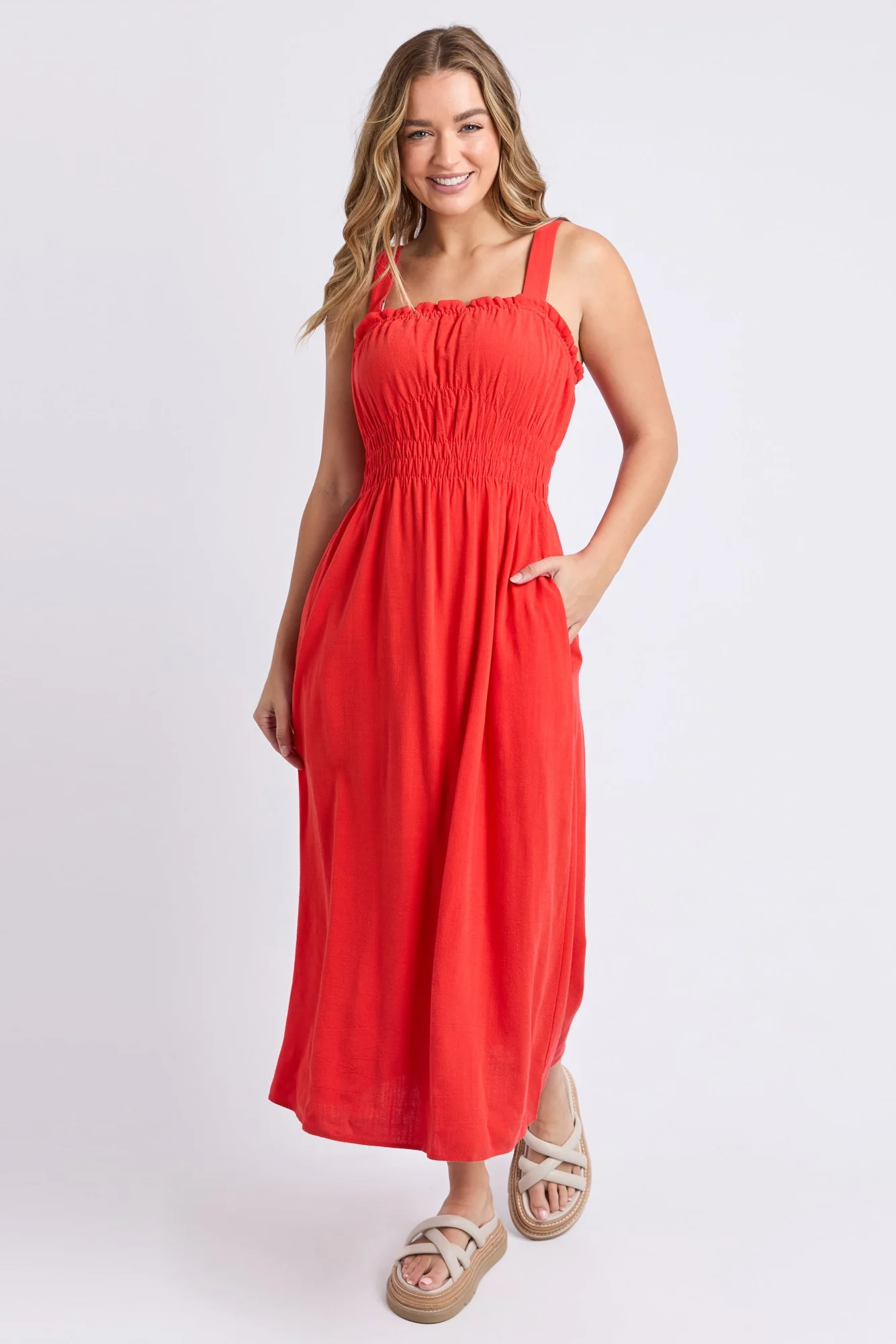 Dandelion Tangelo Strappy Linen Bled Midi Dress