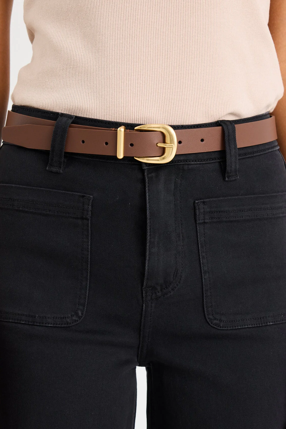 Dark Brown Gold Buckle Leather Belt - Image 2