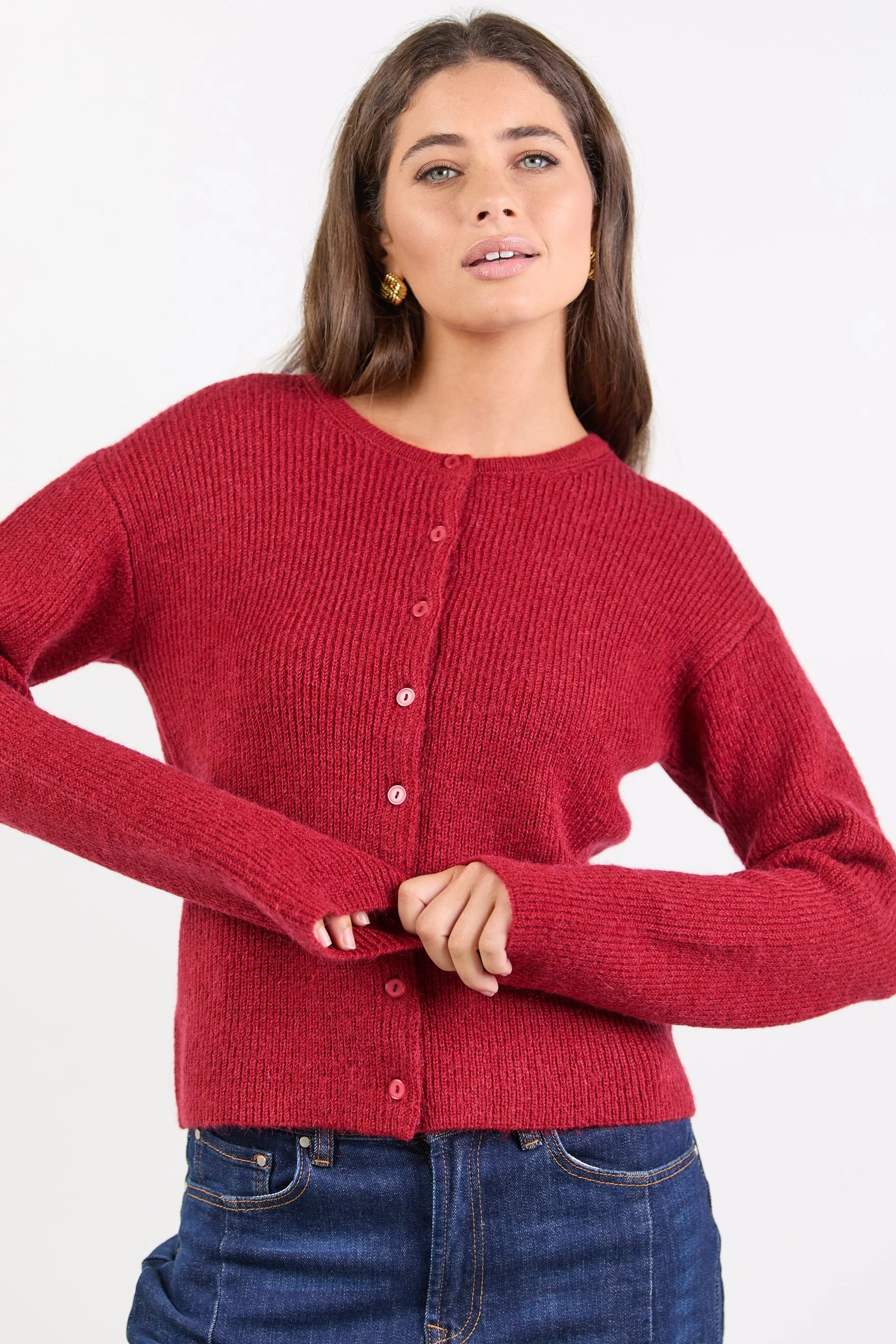 Daydream Red Crewneck Rib Fluffy Cardigan