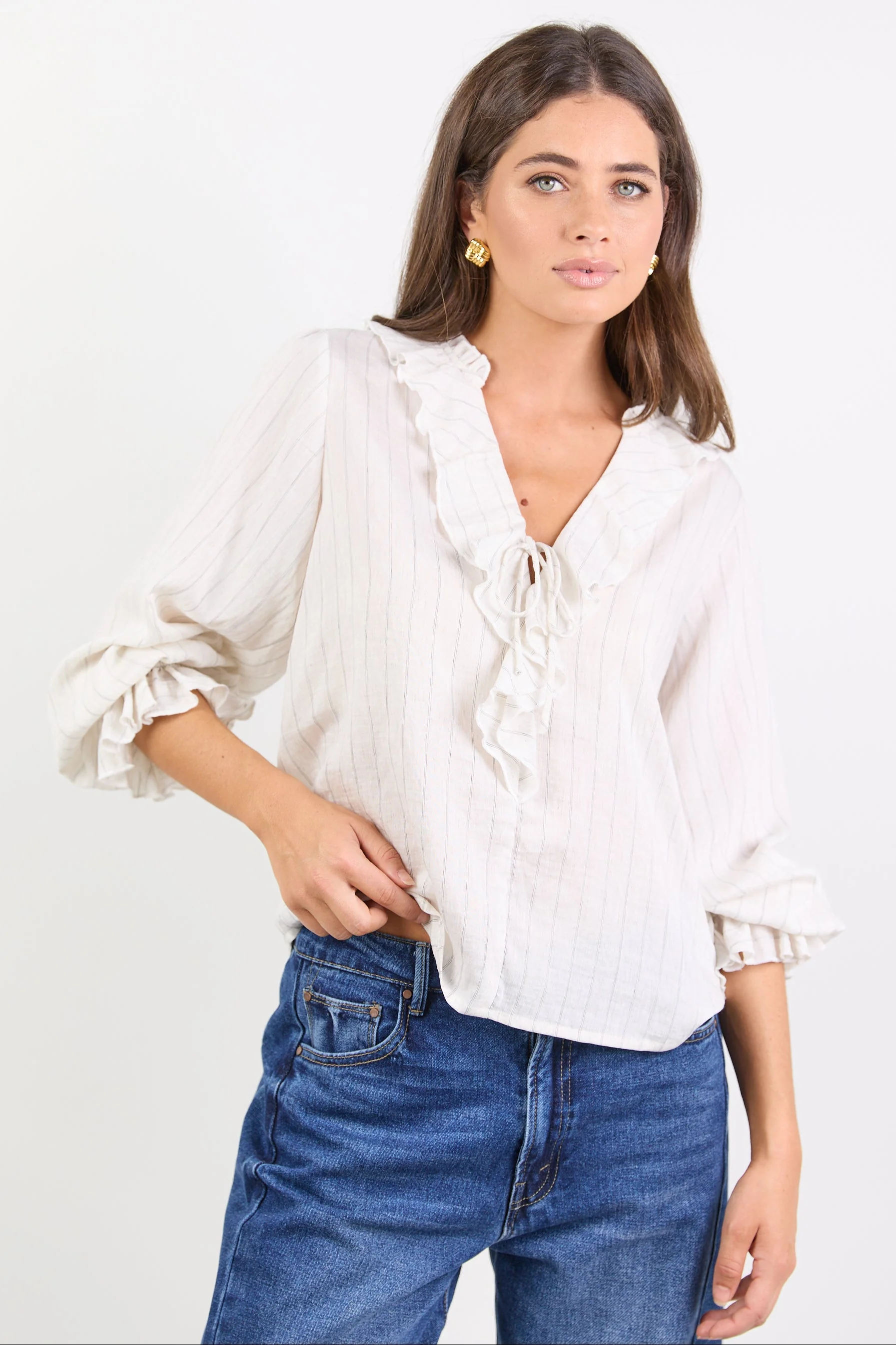 Decorate Ivory Black Stripe Frill Front Mid Sleeve Top - Image 2