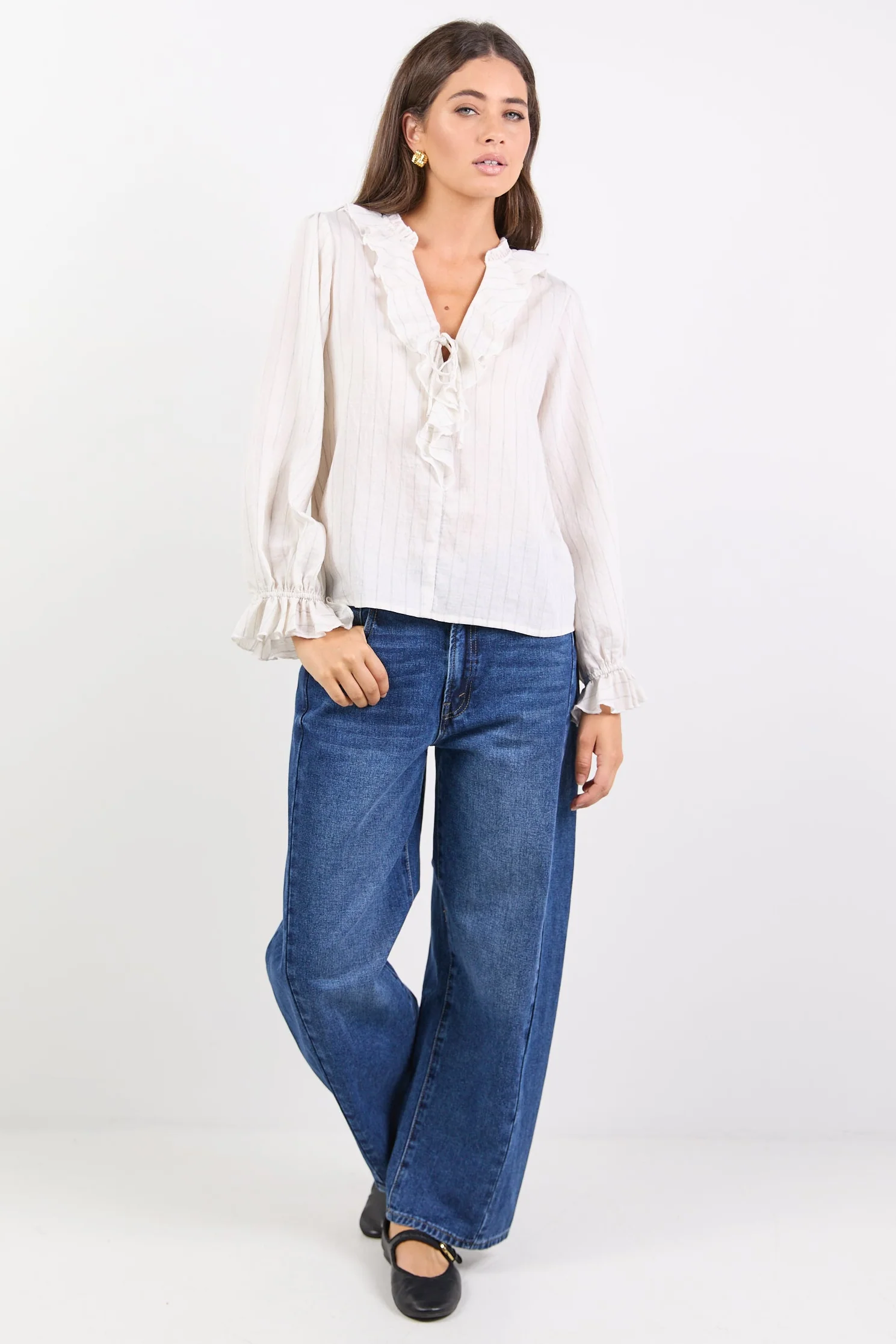Decorate Ivory Black Stripe Frill Front Mid Sleeve Top - Image 4