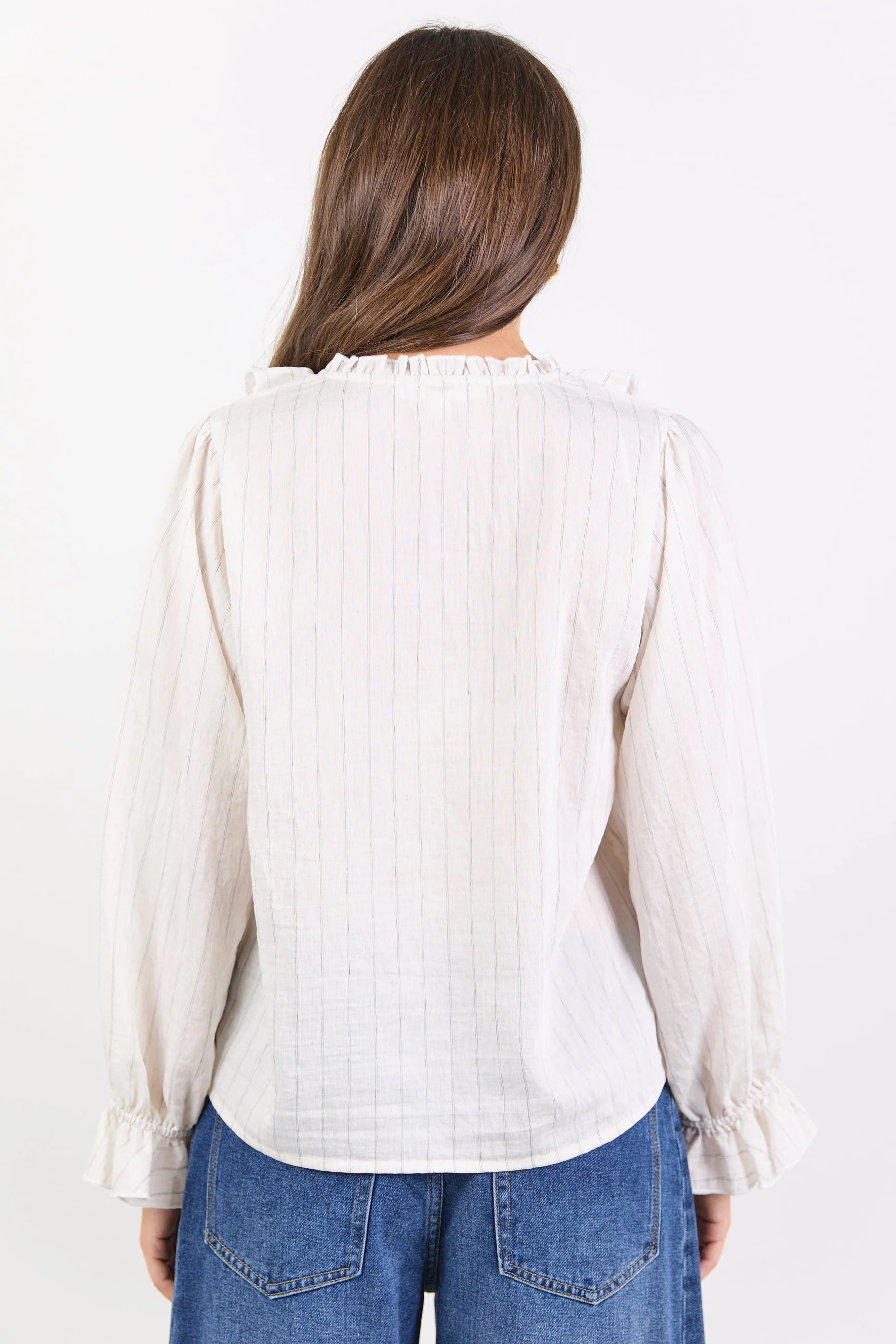 Decorate Ivory Black Stripe Frill Front Mid Sleeve Top - Image 6