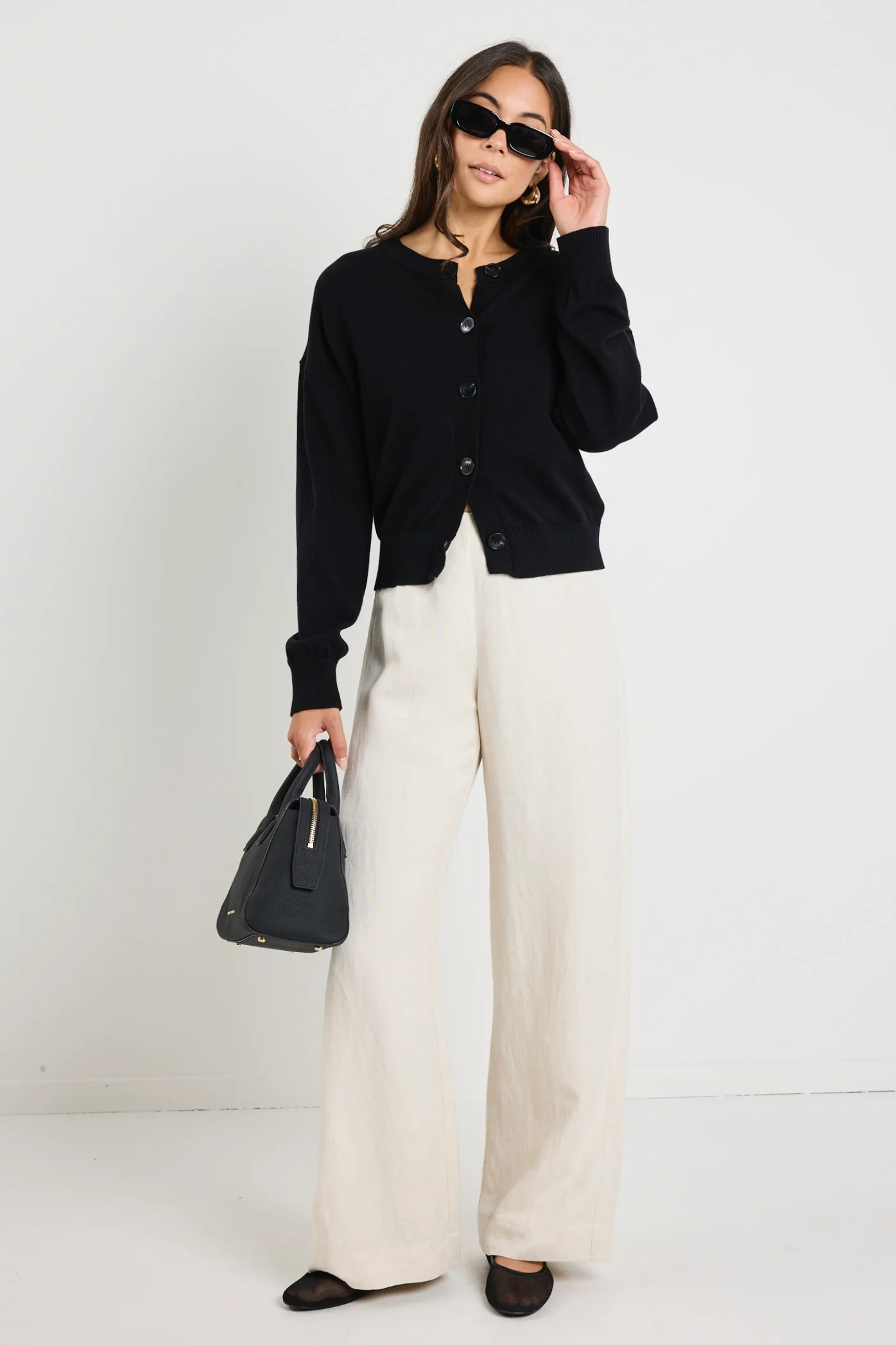 Delight Black Cotton Fine Knit Crew Cardigan - Image 4