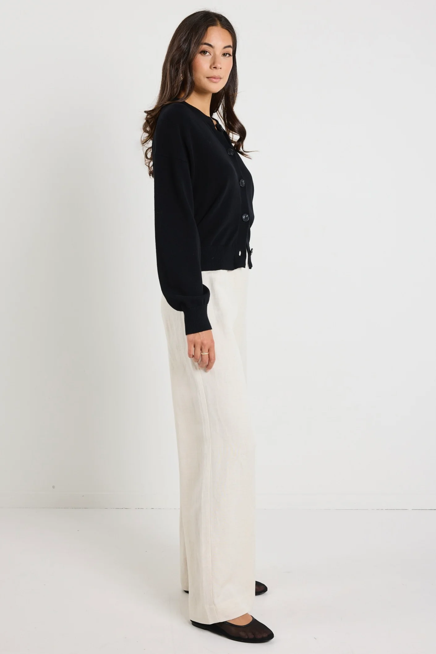 Delight Black Cotton Fine Knit Crew Cardigan - Image 5