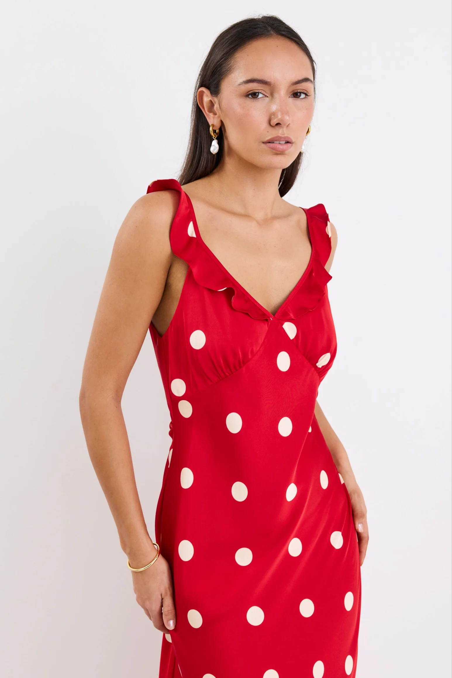 Delightful Cherry Polka Dot Satin Bias Slip Maxi Dress - Image 4
