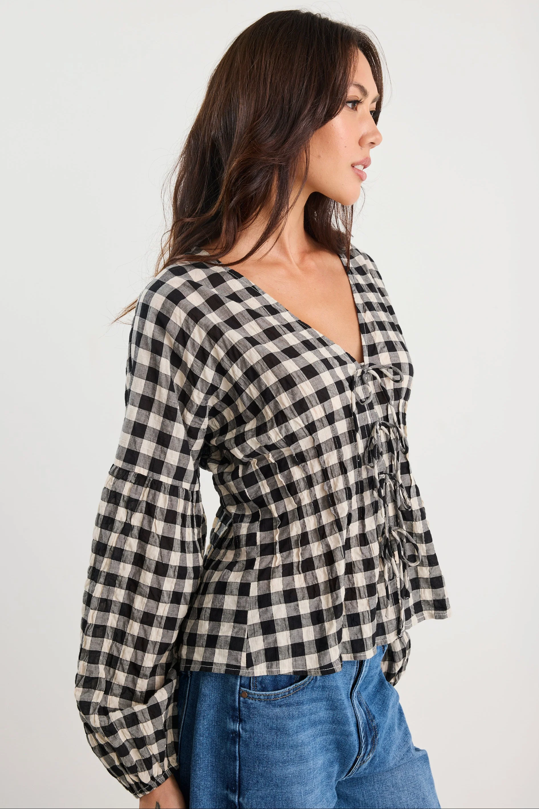 Discovery Black Gingham LS Tie Front Top - Image 3