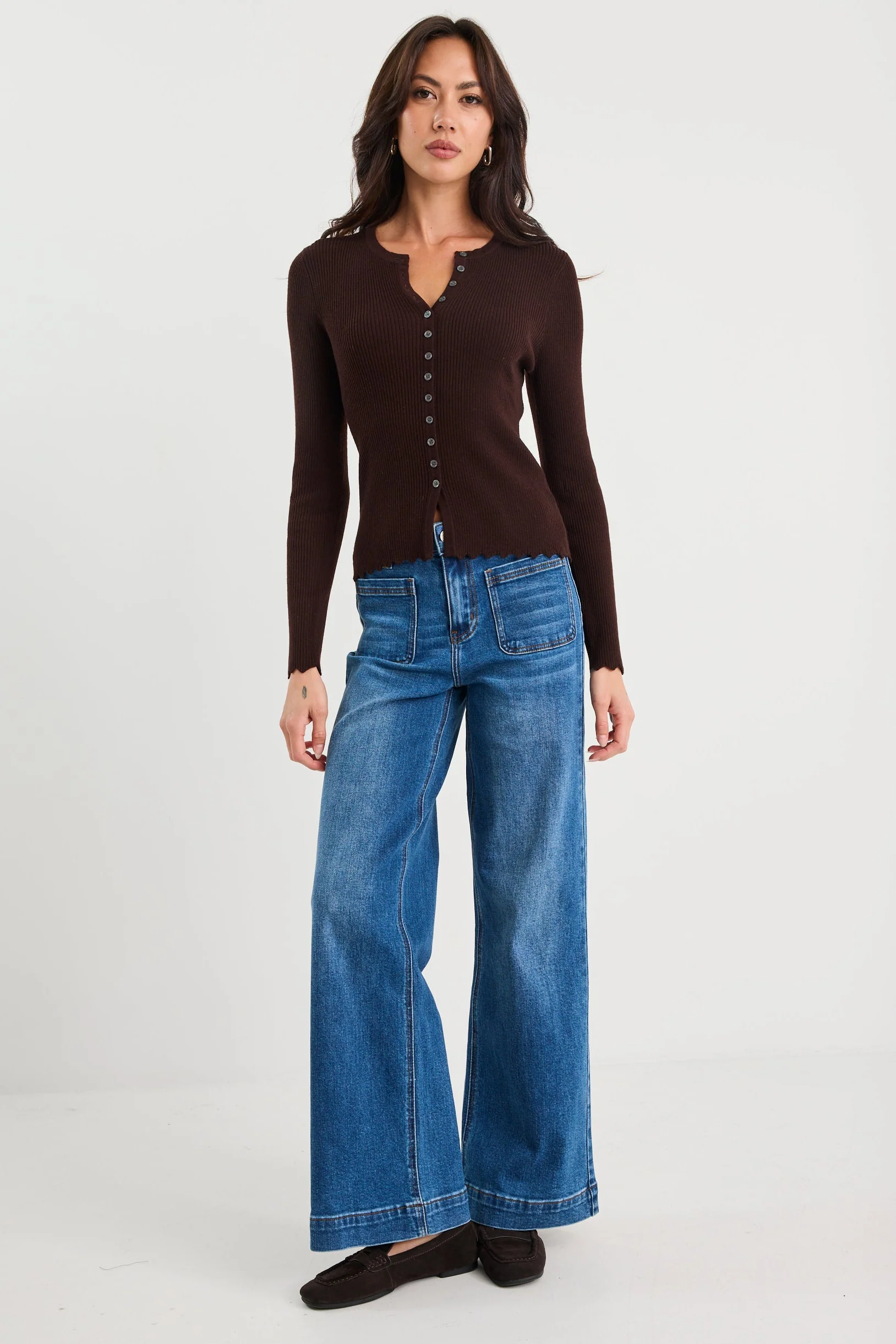 Ditto Chocolate Button Front Rib Knit Long Sleeve Top - Image 3