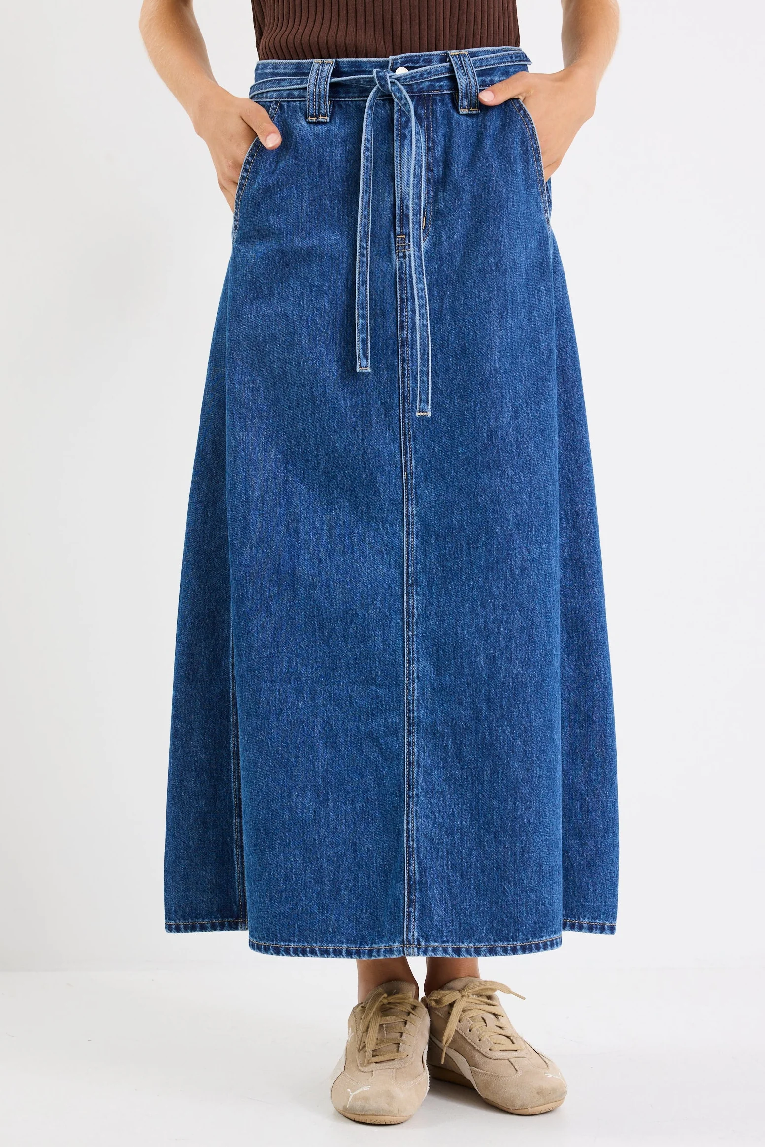 Dockside Storm Blue Denim Tie Front Maxi Skirt - Image 2