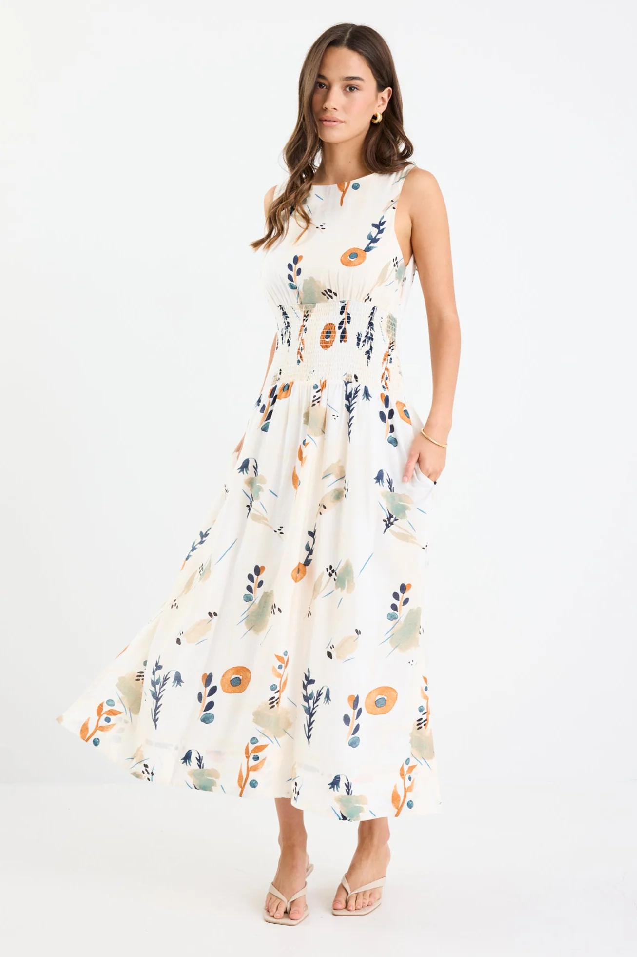Duchess Earthy Botanical Sleeveless Shirred Waist Maxi Dress