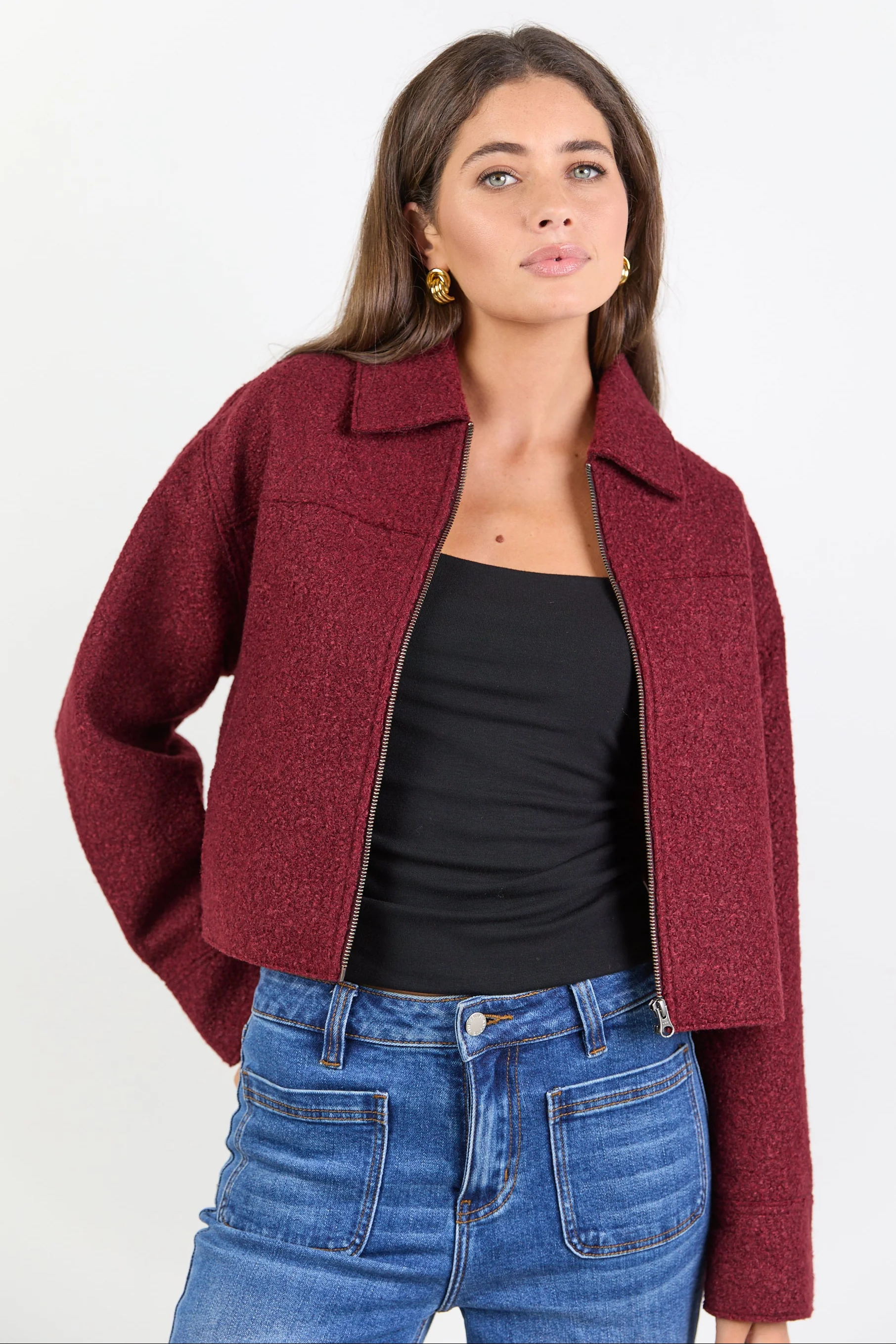 Dune Burgundy Boucle Zip Front Jacket