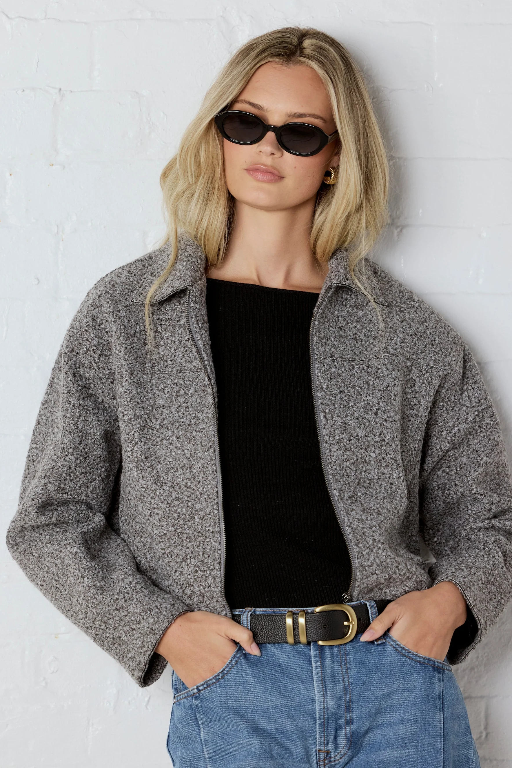 Dune Charcoal Boucle Zip Front Jacket