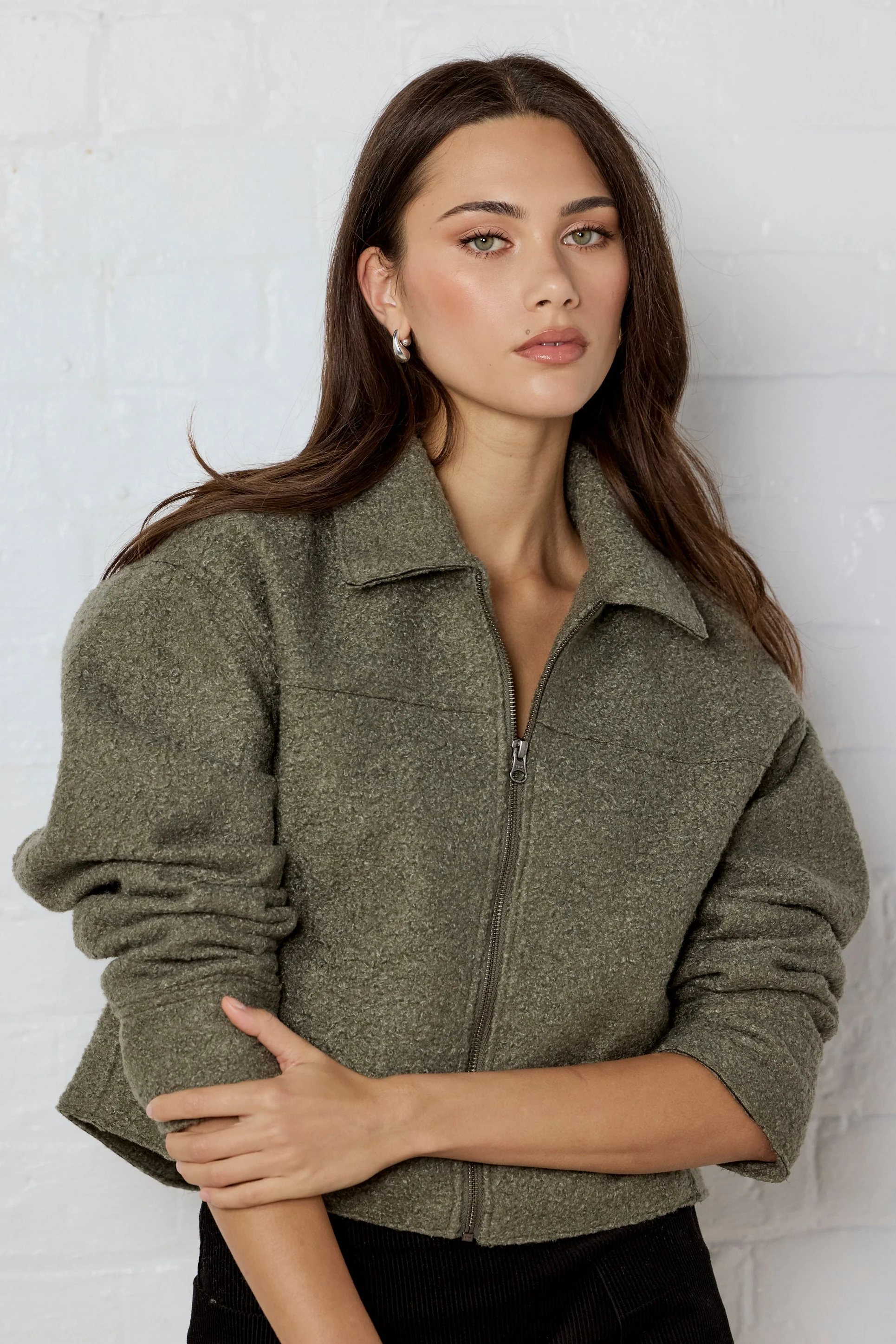 Dune Khaki Boucle Zip Front Jacket