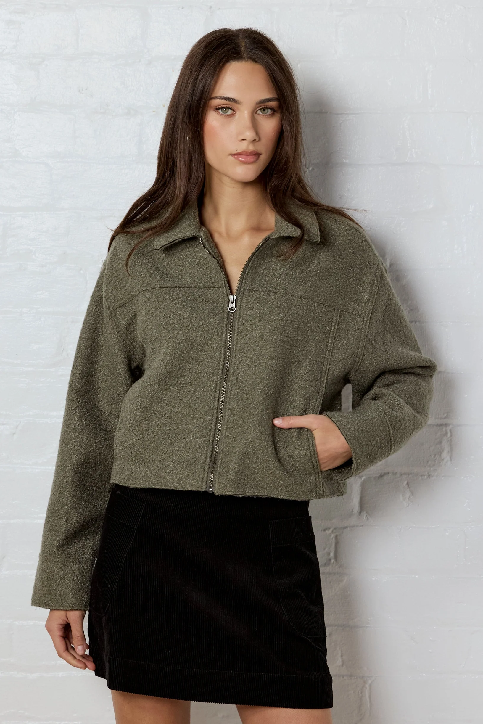 Dune Khaki Boucle Zip Front Jacket - Image 2