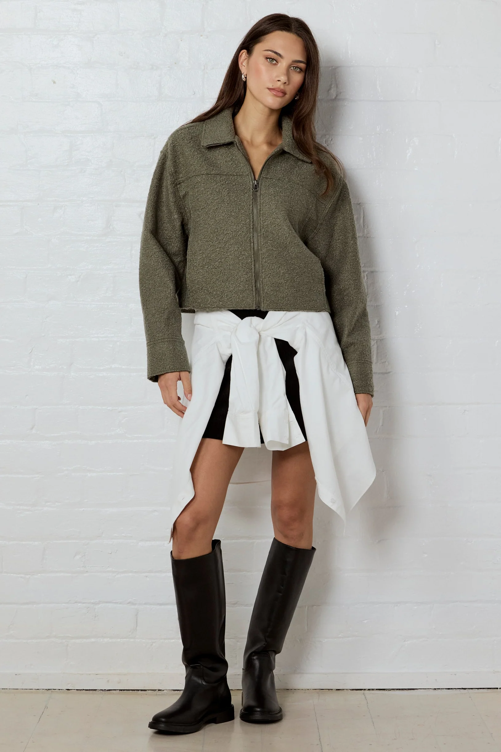 Dune Khaki Boucle Zip Front Jacket - Image 3