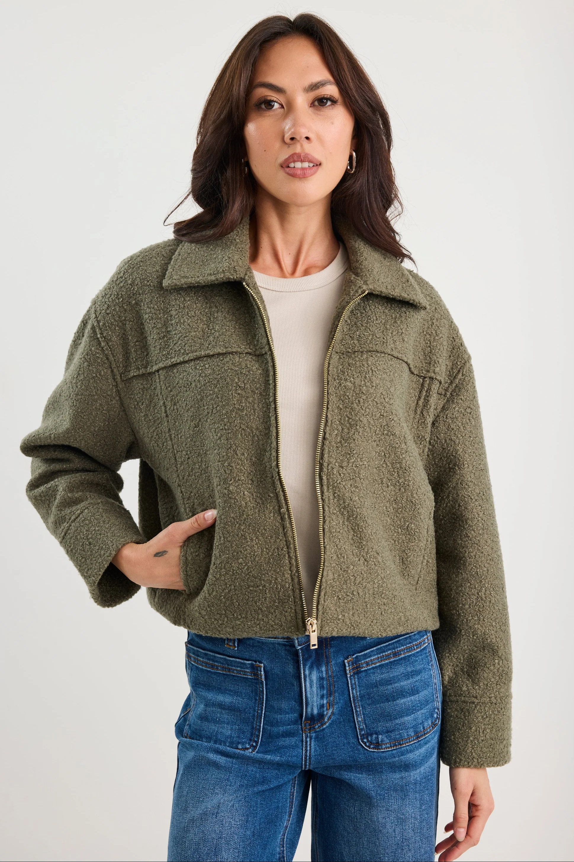 Dune Khaki Boucle Zip Front Jacket - Image 4