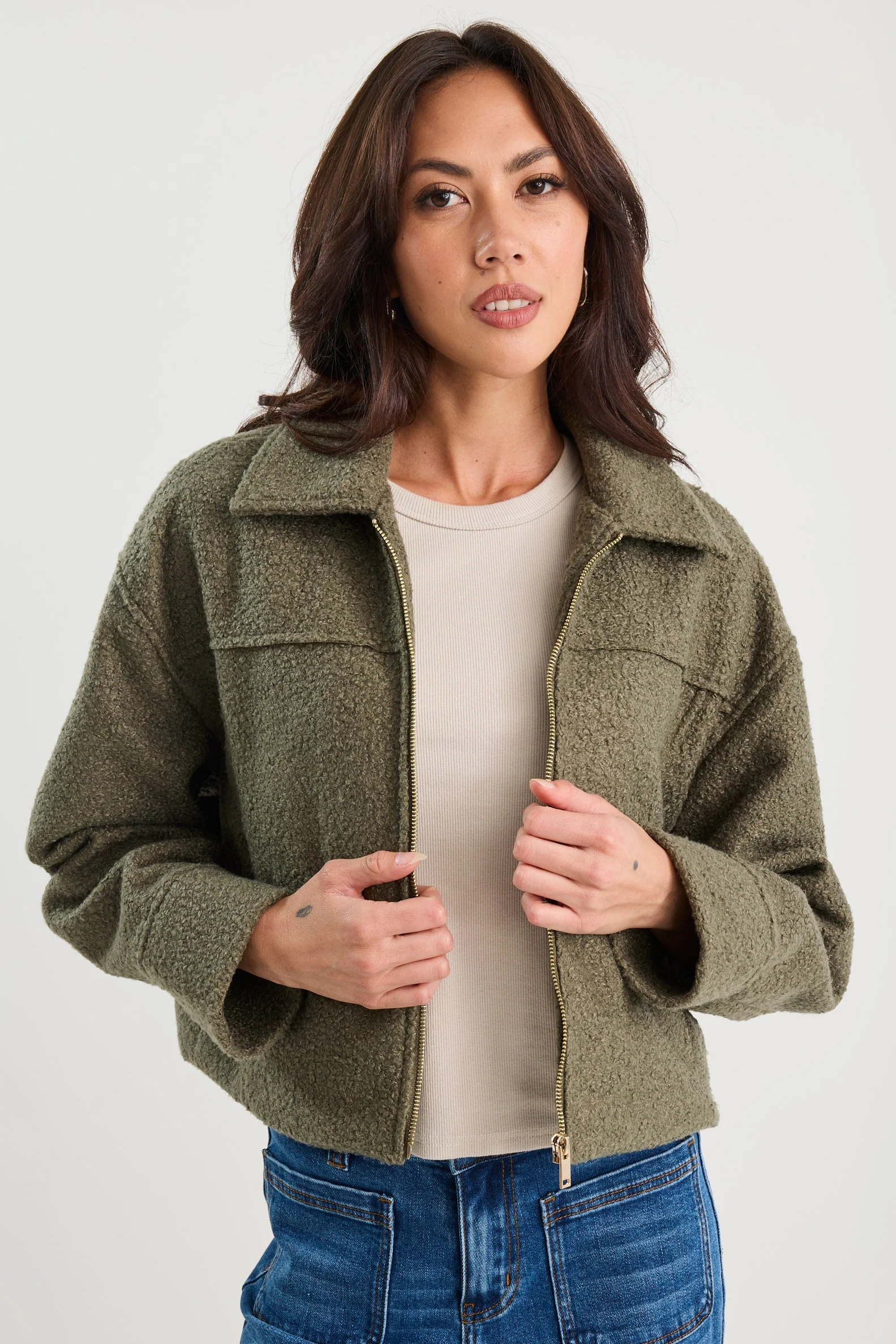 Dune Khaki Boucle Zip Front Jacket - Image 5