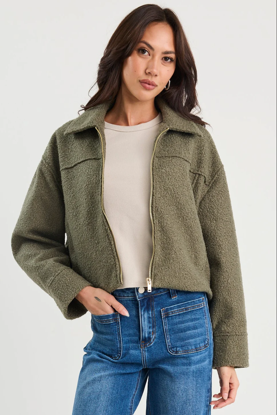 Dune Khaki Boucle Zip Front Jacket - Image 6