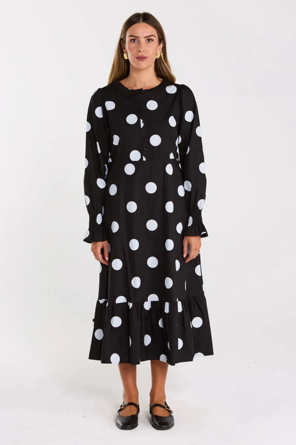 Duska Black Spotty Tiered Hem Midi Dress