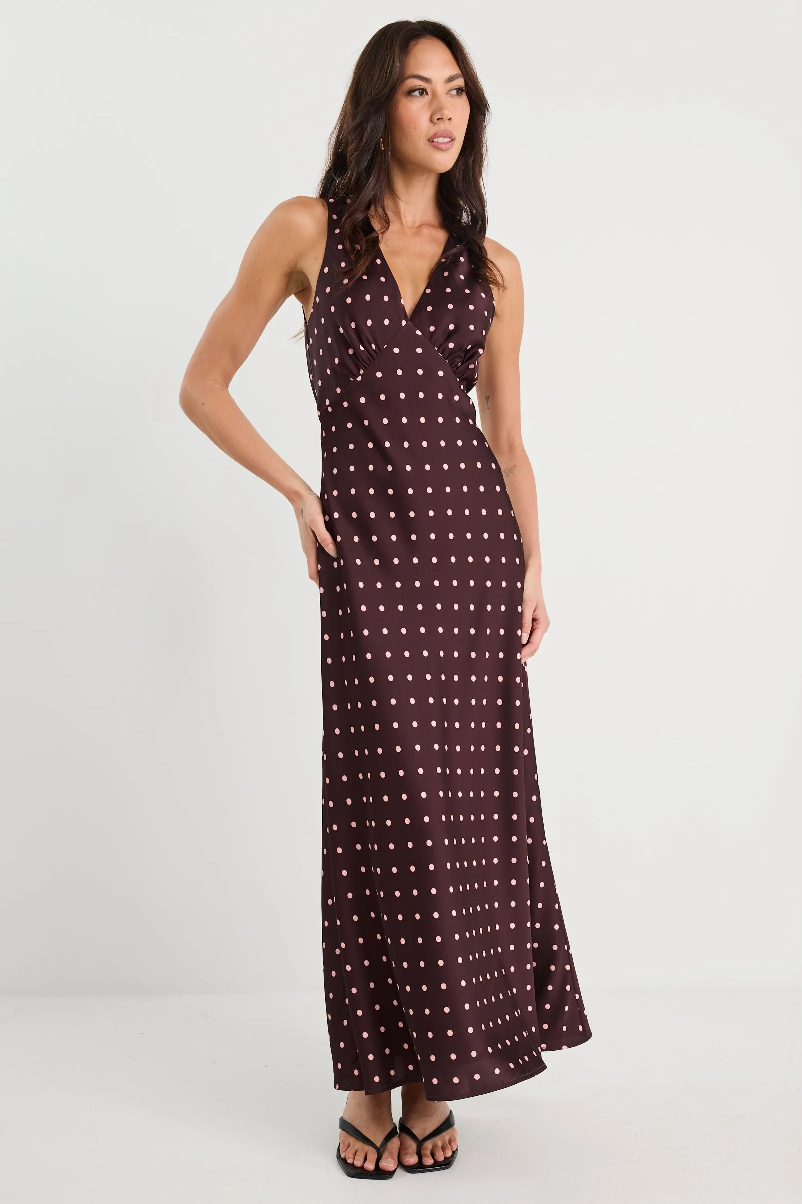 Eastern Burgundy Ditsy Polka Dot Satin Bias Flared Maxi Dress - Image 2