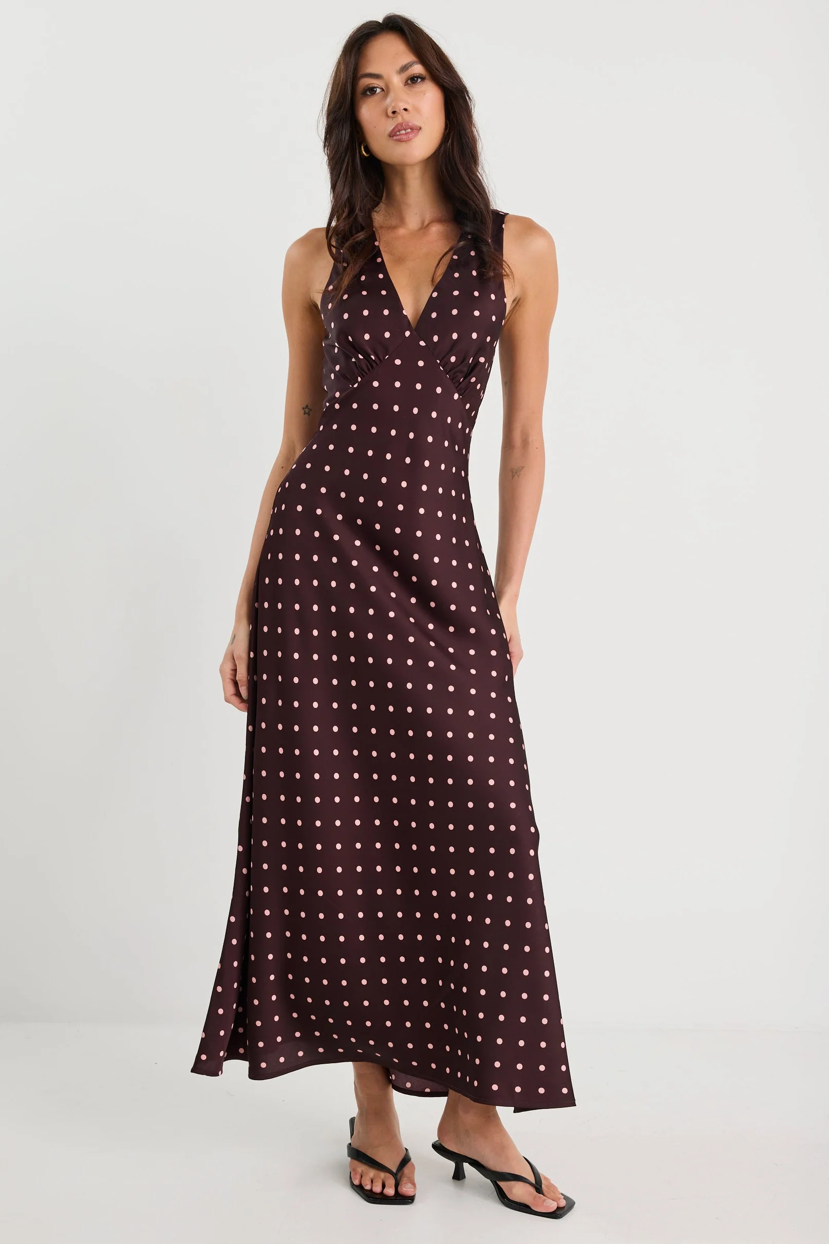 Eastern Burgundy Ditsy Polka Dot Satin Bias Flared Maxi Dress - Image 5