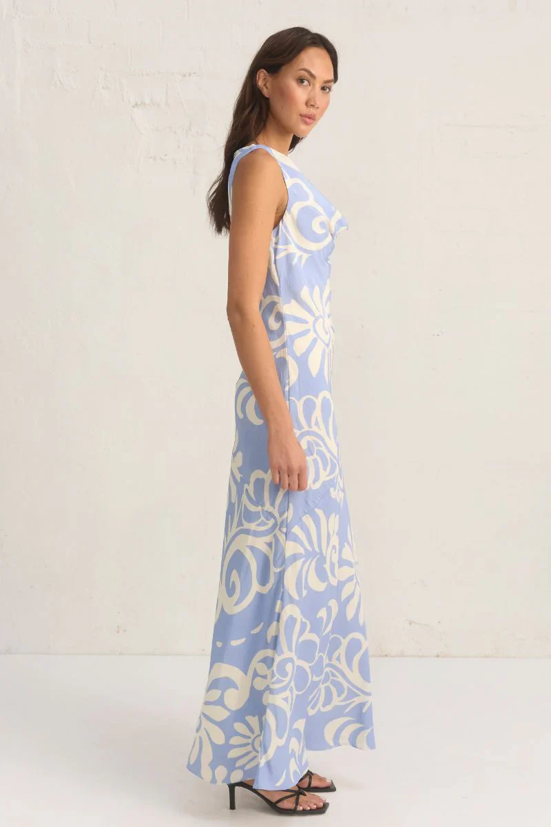 Eden Blue Floral Cowl Neck Sleeveless Dress - Image 3