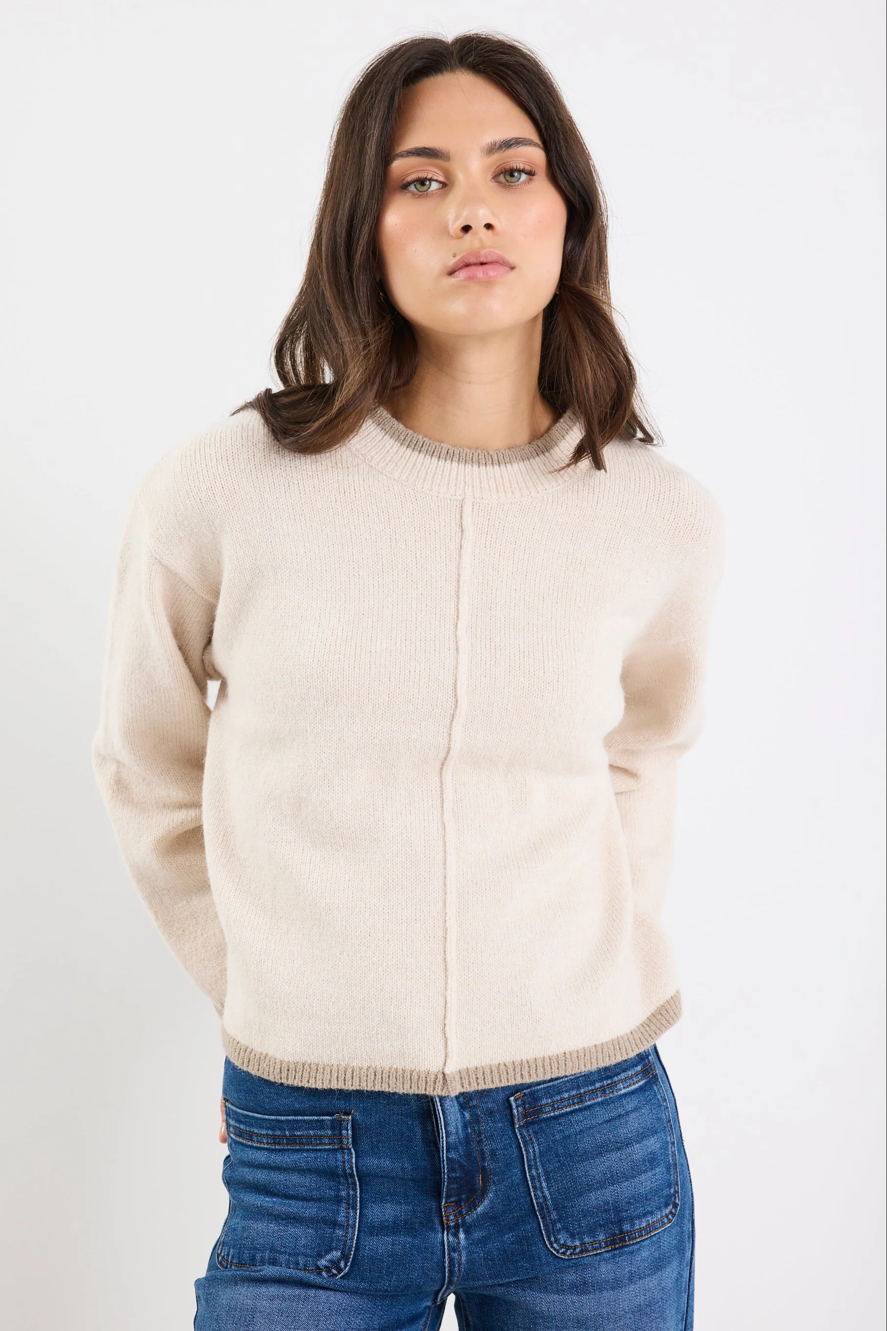 Edge Ivory Mock Neck Contrast Trim Jumper - Image 3