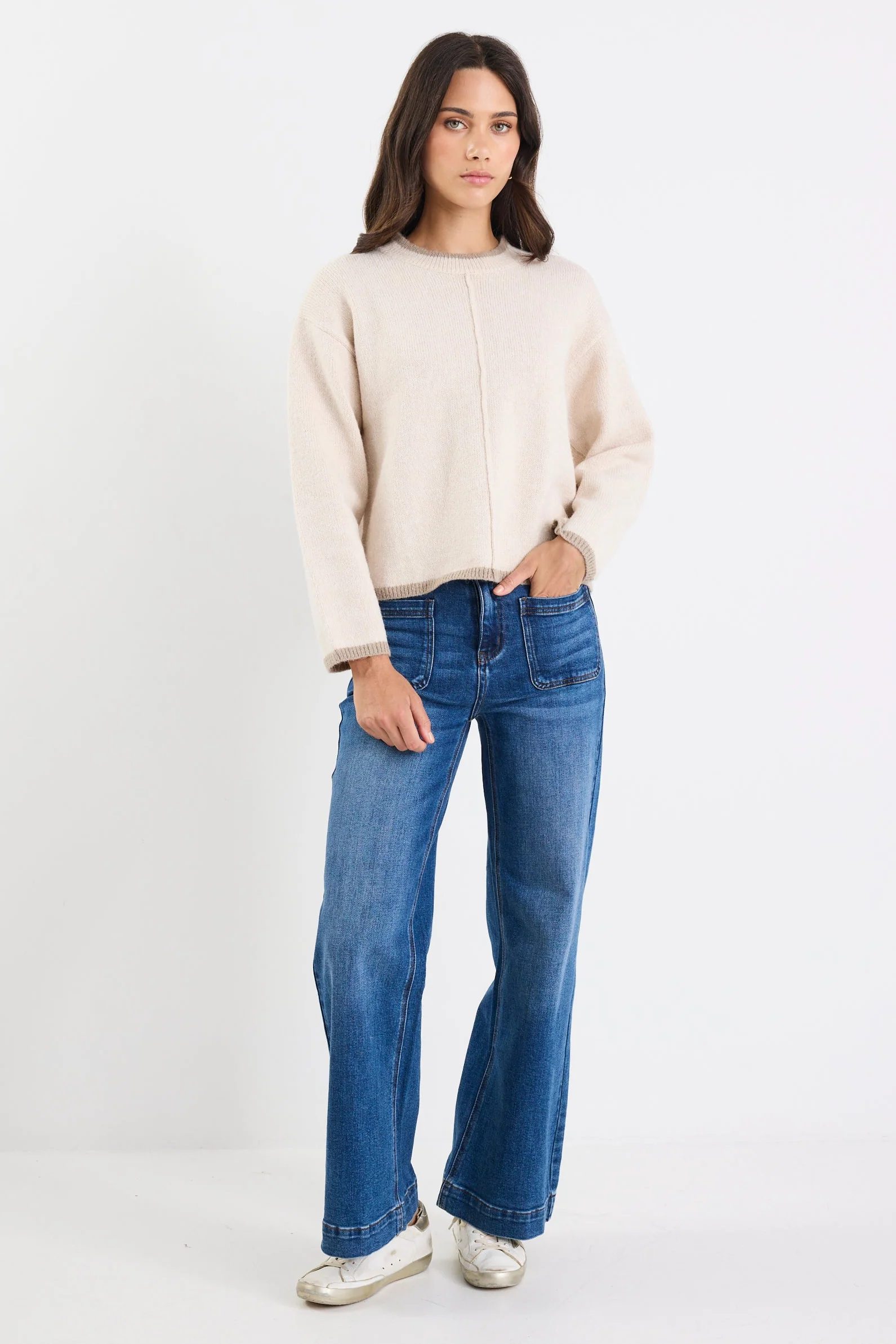 Edge Ivory Mock Neck Contrast Trim Jumper - Image 5