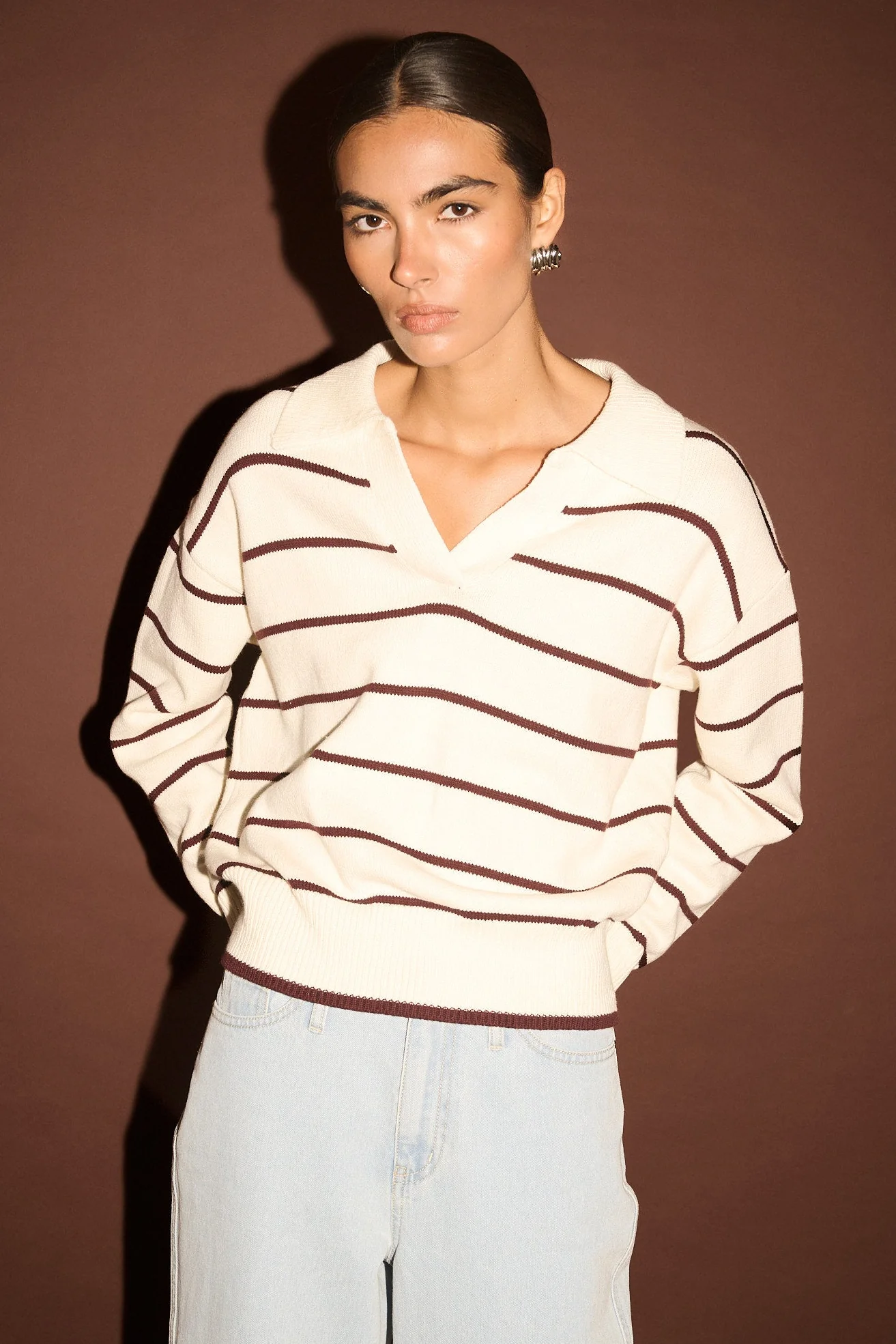 Elara Cream Chocolate Stripe Polo Knit Jumper