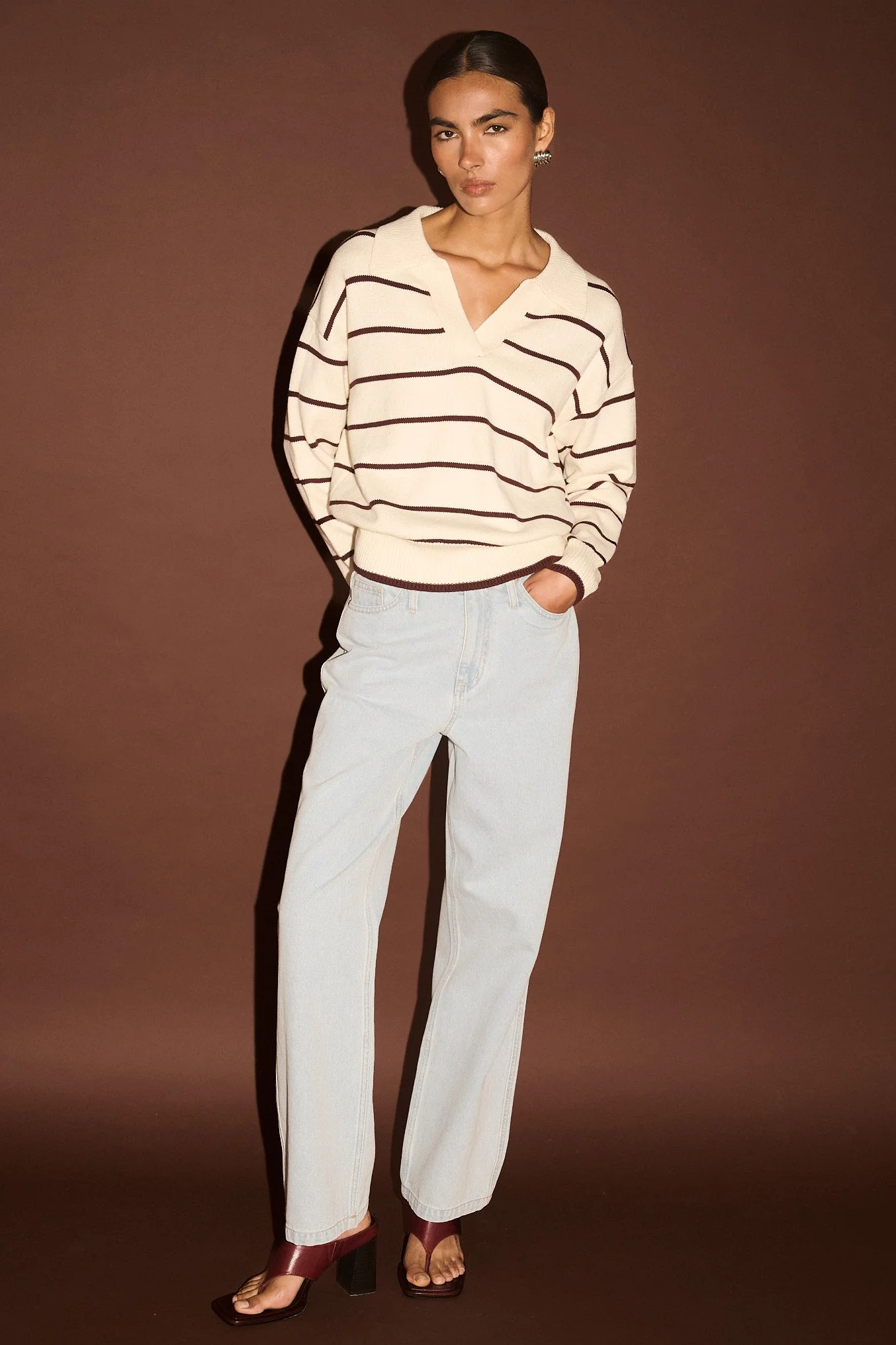 Elara Cream Chocolate Stripe Polo Knit Jumper - Image 2