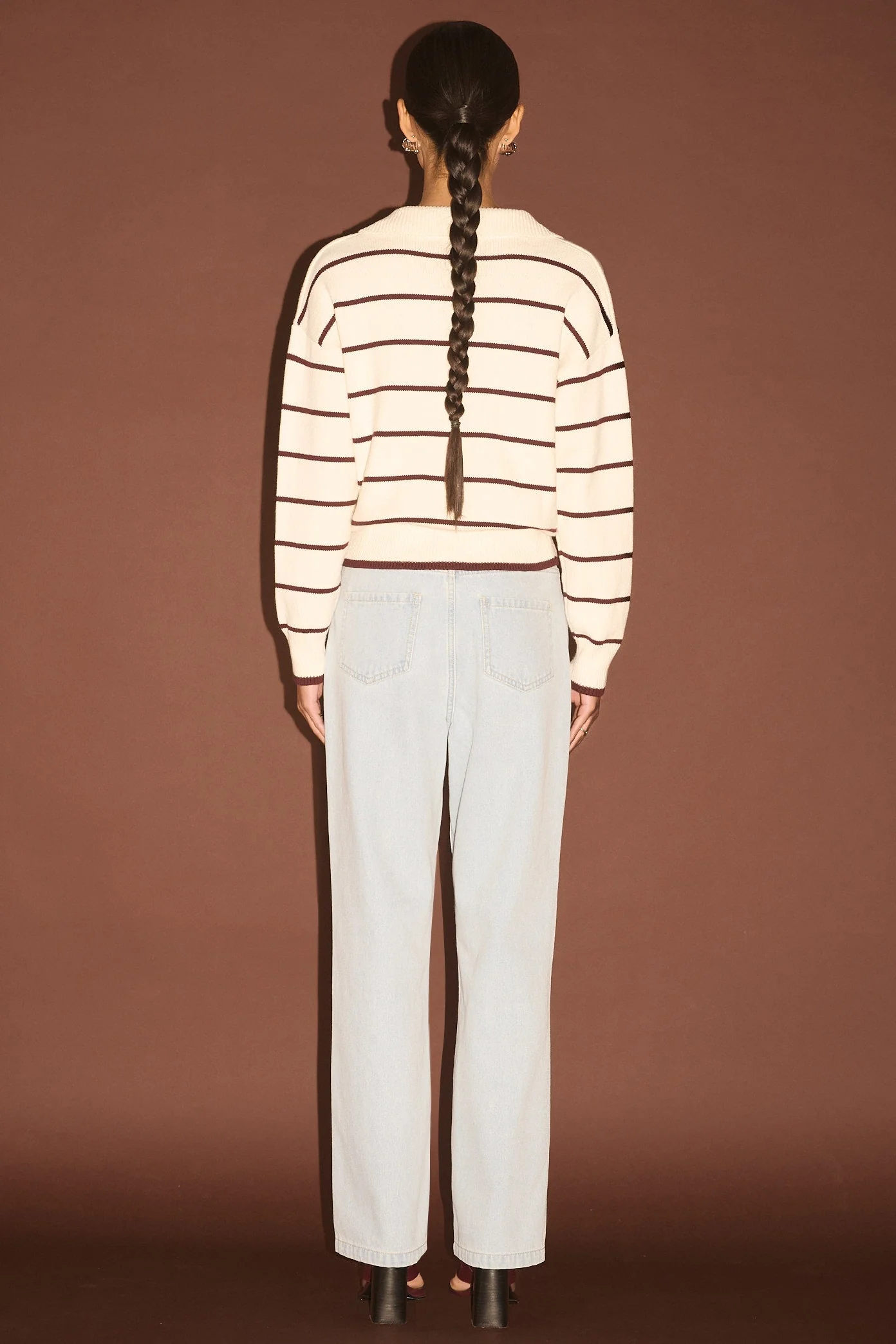 Elara Cream Chocolate Stripe Polo Knit Jumper - Image 4